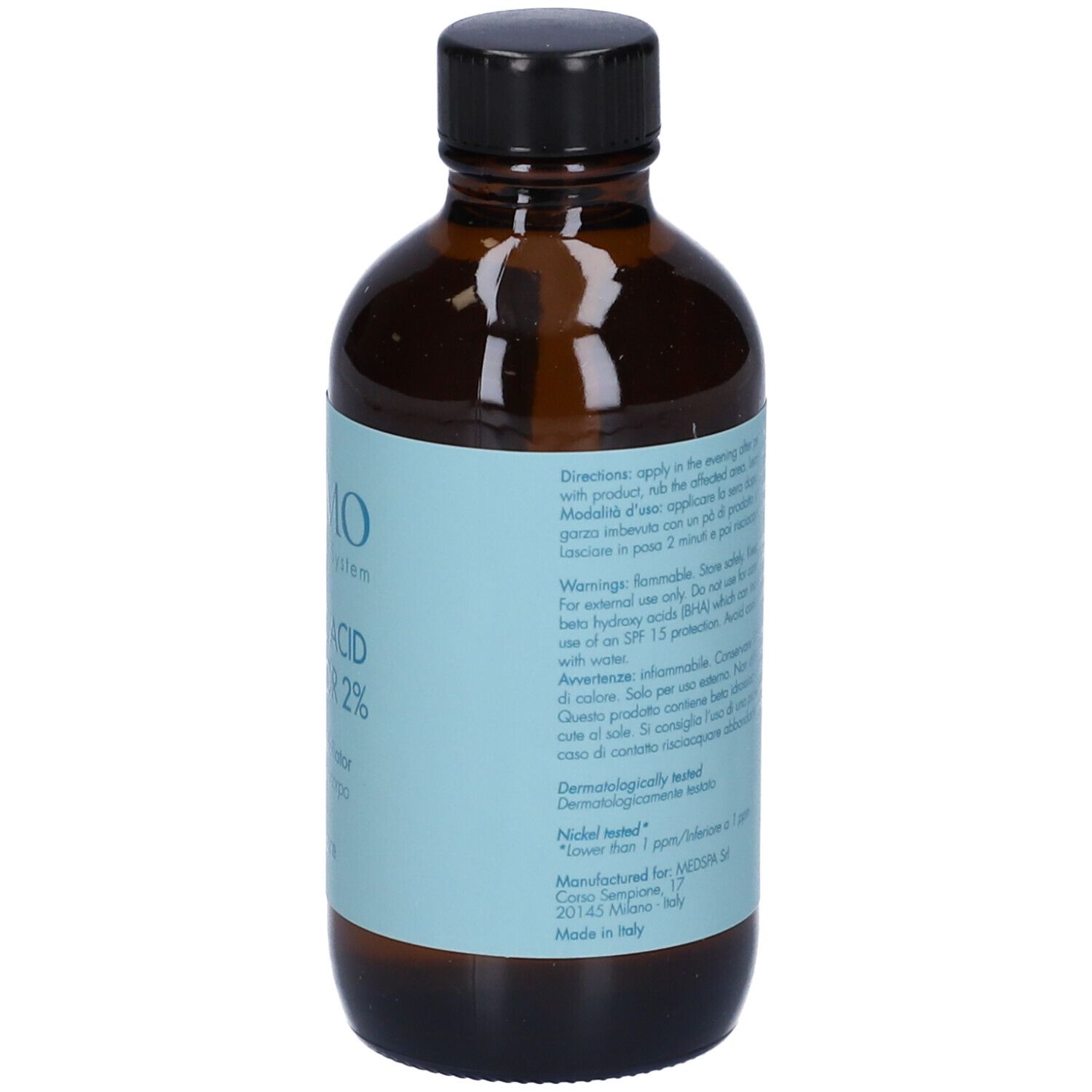 Flacone marrone con tappo nero. Informazioni sul prodotto sul retro.