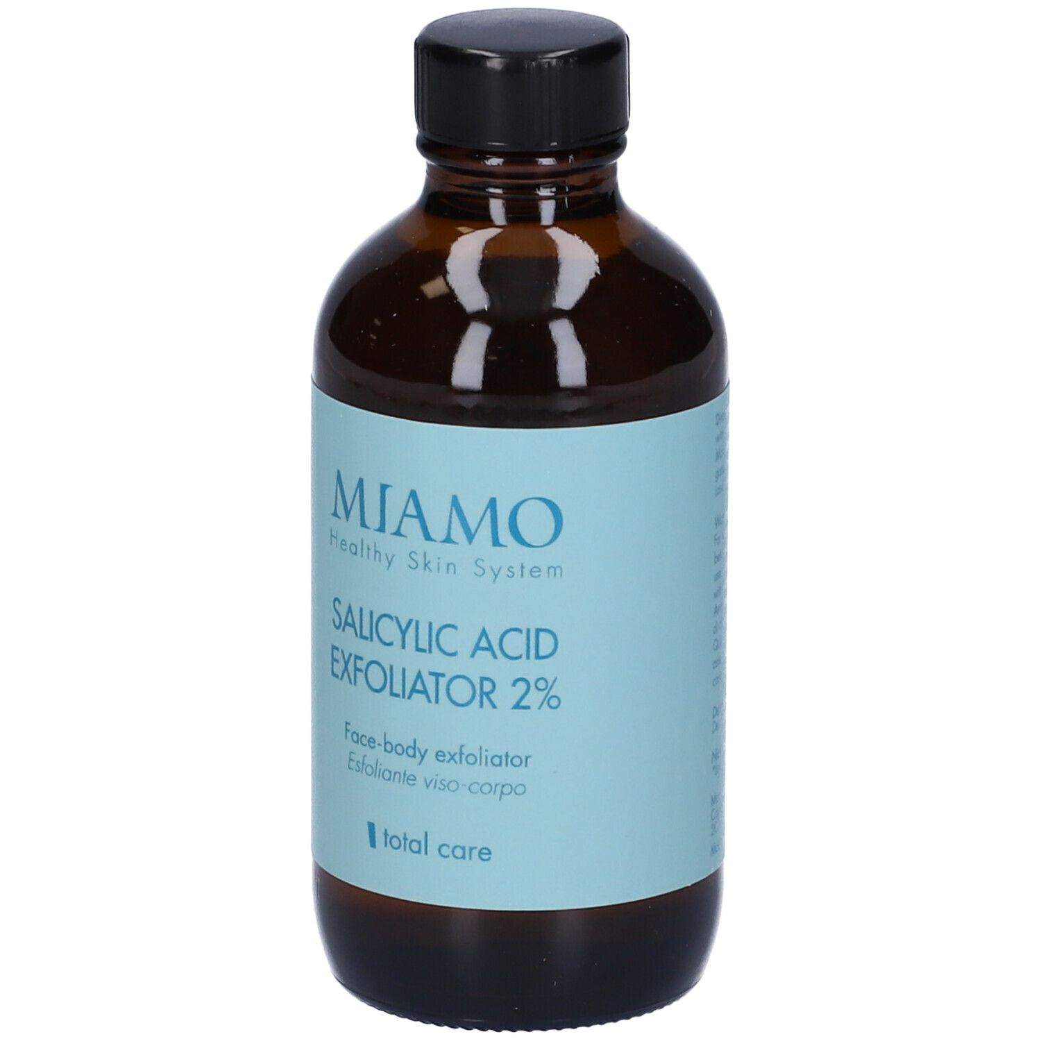 Flacone marrone con tappo nero. Informazioni sul prodotto sul retro.