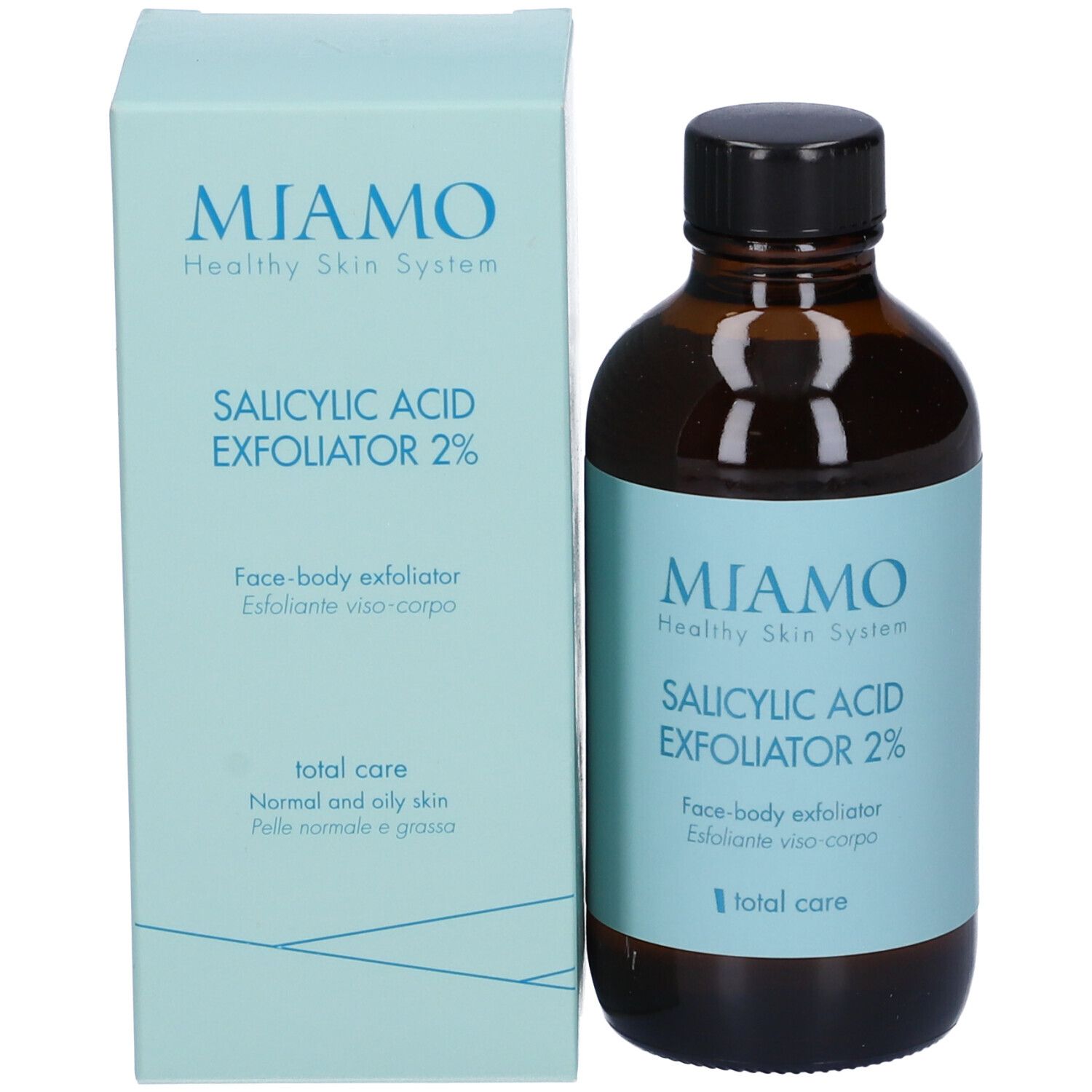 Flacone marrone con tappo nero e scatola. Etichetta con nome del prodotto e marchio: Miamo Salicylic Acid Exfoliator 2%.