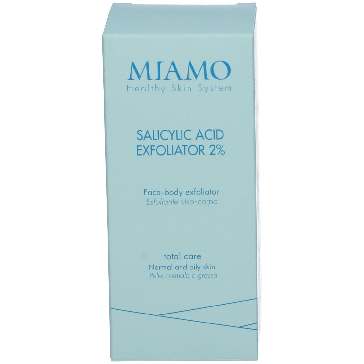 Scatola con nome del prodotto e marchio: Miamo Salicylic Acid Exfoliator 2%.