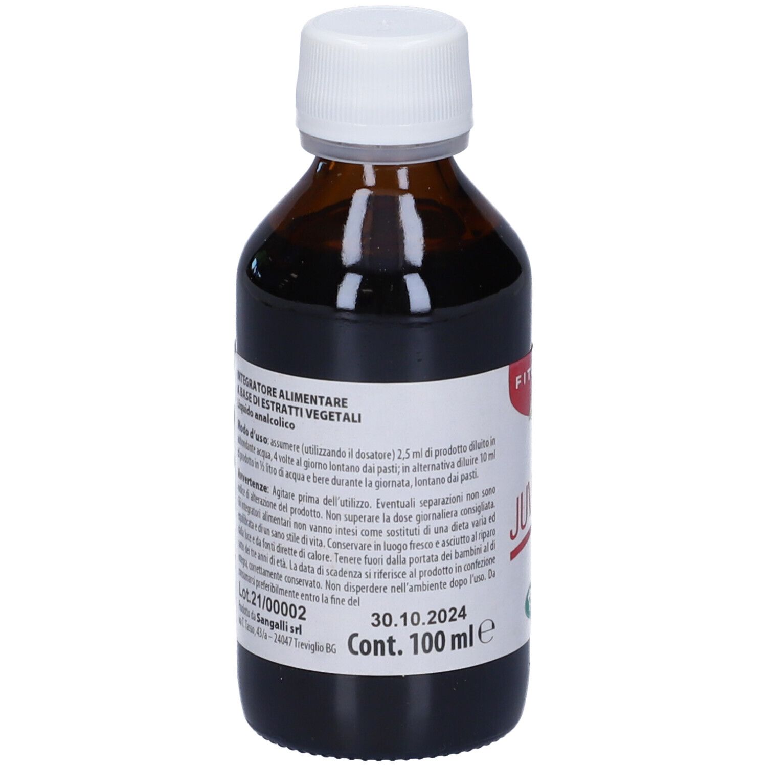 Flacone di vetro marrone con tappo bianco. Scritta Juvacist e Fitoattivi. Etichetta con ingredienti e logo.