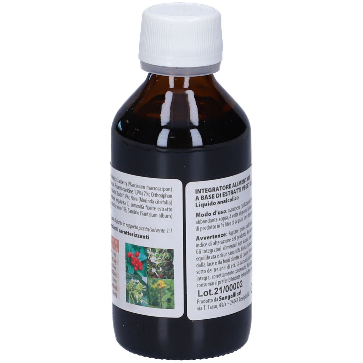 Flacone di vetro marrone con tappo bianco. Scritta Juvacist e Fitoattivi. Etichetta con ingredienti e logo.