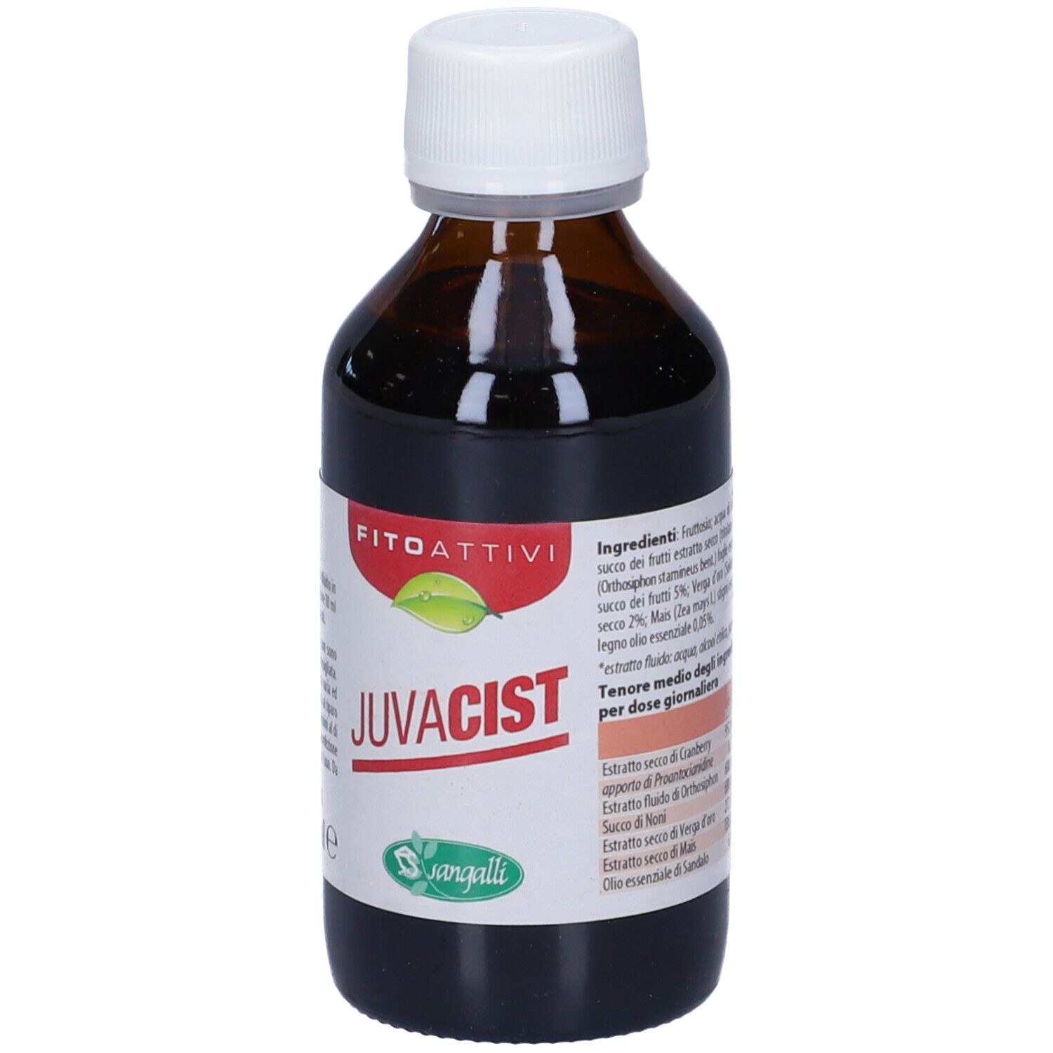Flacone di vetro marrone con tappo bianco. Scritta Juvacist e Fitoattivi. Etichetta con ingredienti e logo.