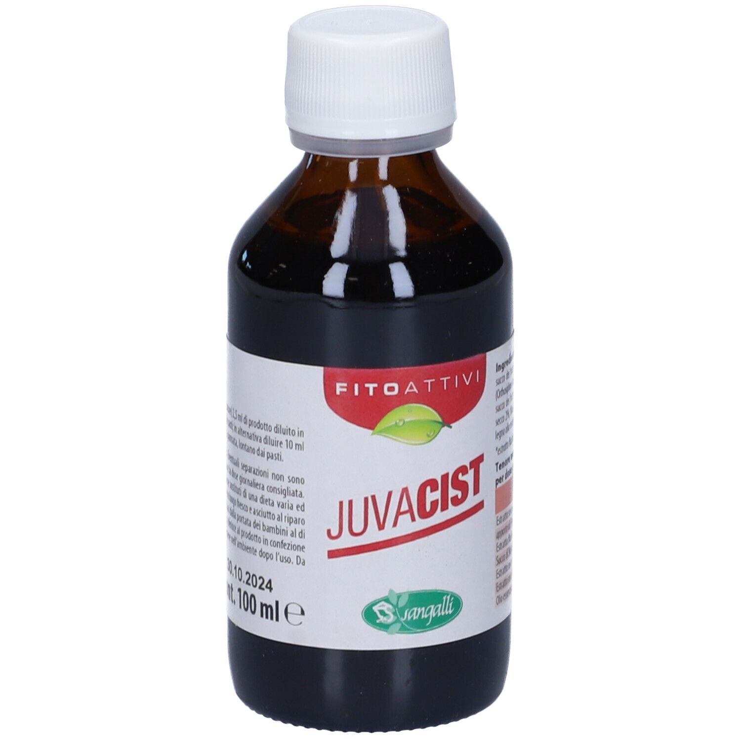 Flacone di vetro marrone con tappo bianco. Scritta Juvacist e Fitoattivi. Etichetta con ingredienti e logo.