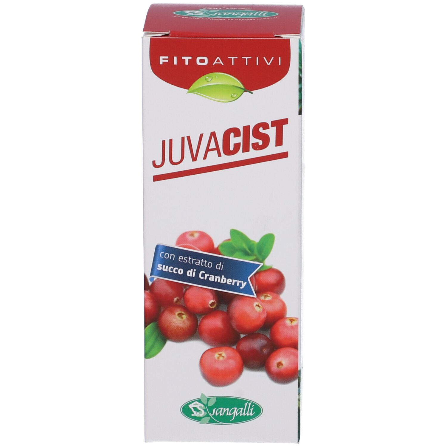 Confezione rossa con immagine di mirtilli rossi. Scritta Juvacist e Fitoattivi. Logo e informazioni sul prodotto.