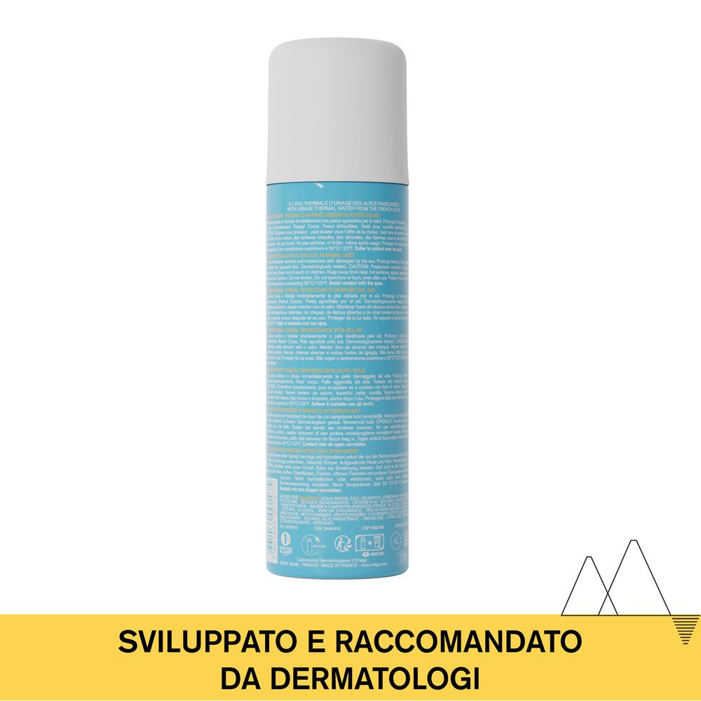 Retro di un flacone spray blu. Testo: Sviluppato e raccomandato da dermatologi.