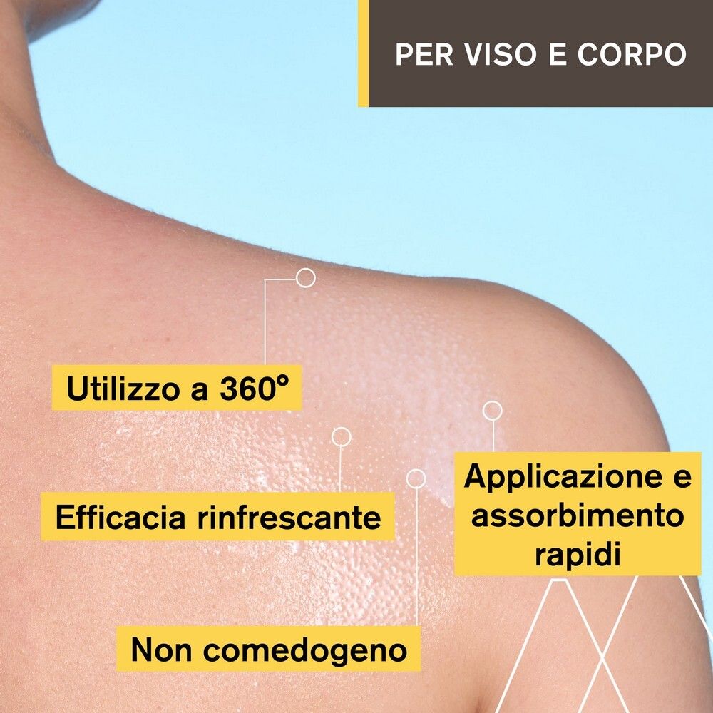 Primo piano della pelle. Testo: Utilizzo, efficacia rinfrescante, non comedogeno.