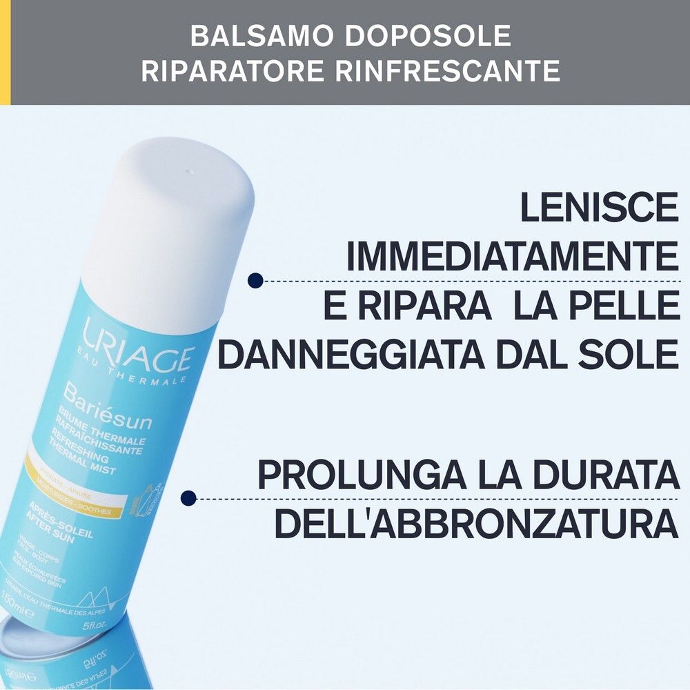 Flacone spray blu. Testo: URIAGE, Bariesun, Dopo Sole. Lenisce, ripara, prolunga l'abbronzatura.