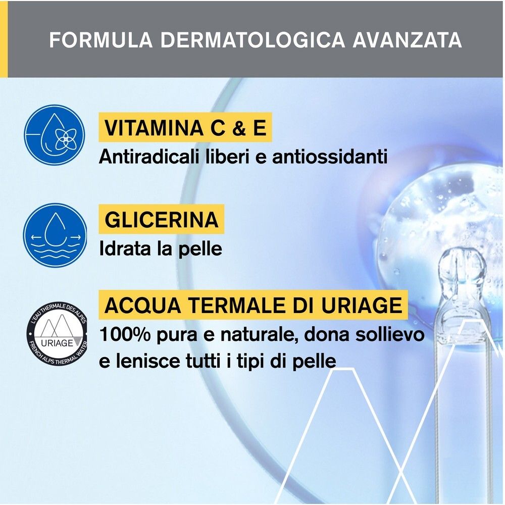 Primo piano. Testo: Vitamina C & E, Glicerina, Acqua Termale di Uriage.