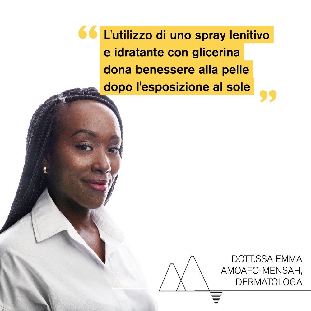 Donna con trecce. Testo: Citazione sull'effetto benefico dello spray con glicerina.