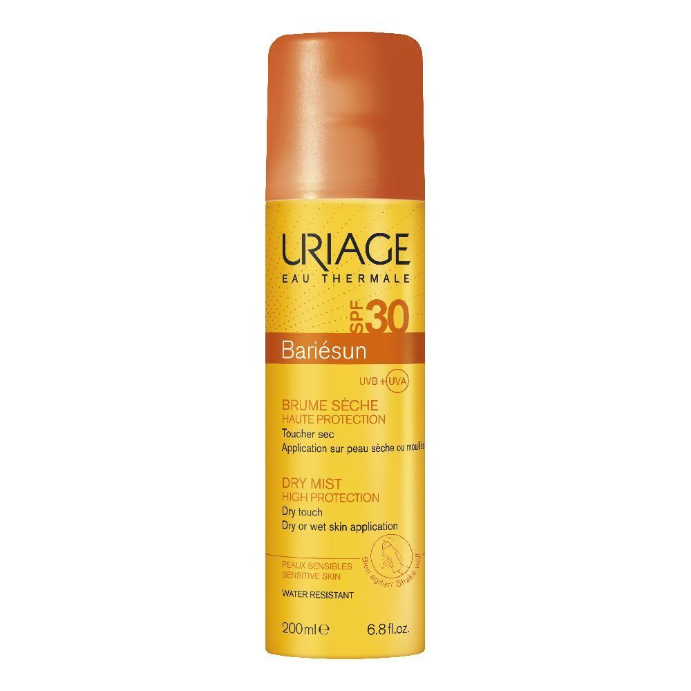 Flacone spray giallo con tappo arancione. Scritte: URIAGE, SPF 30, Bariésun. Nebbia secca, alta protezione.
