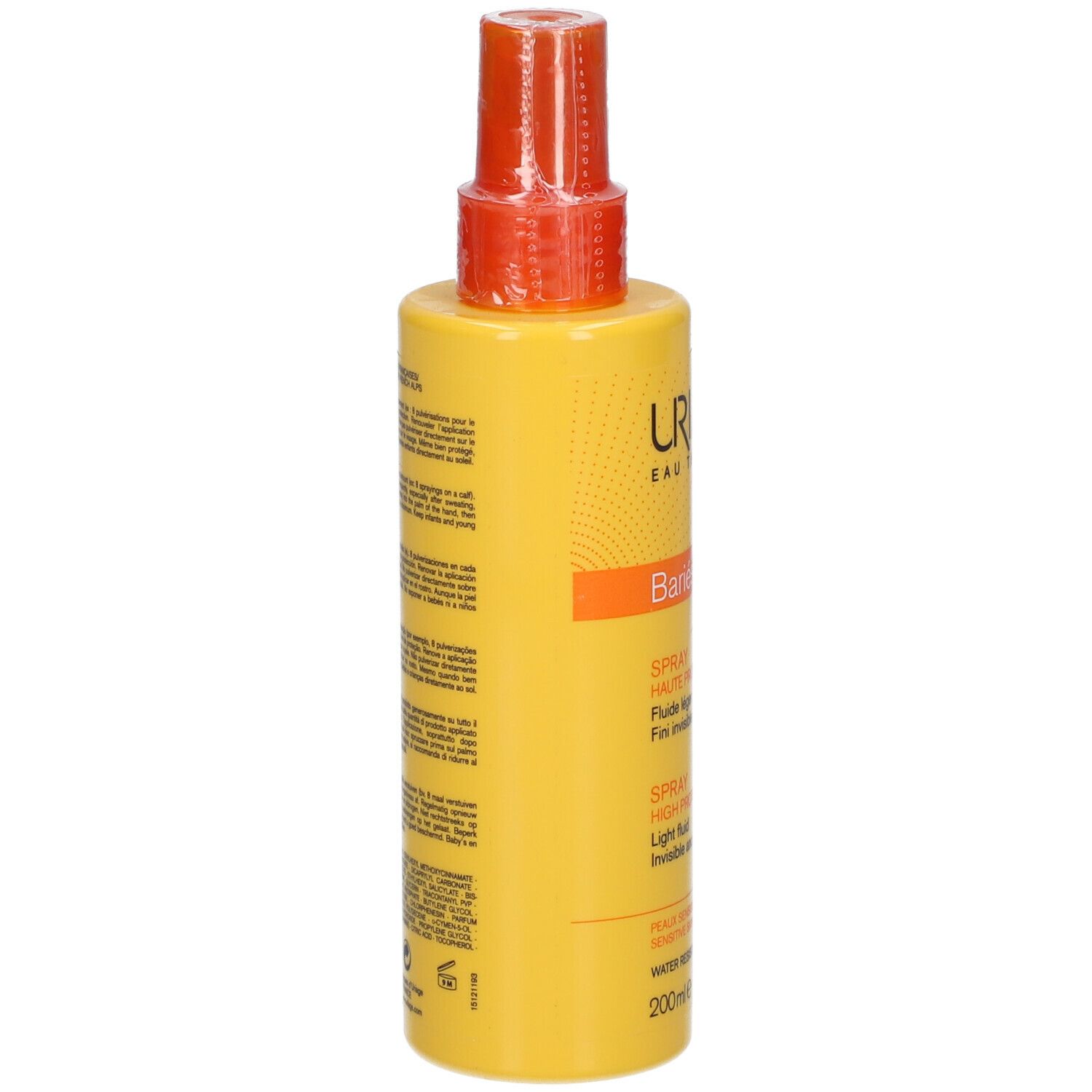 Flacone spray giallo con vaporizzatore arancione. Retro con testo. Scritte: Bariésun, spray, alta protezione, fluido leggero.