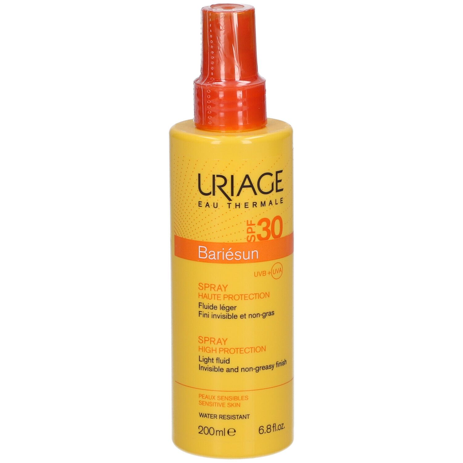 Flacone spray giallo con vaporizzatore arancione. Scritte: URIAGE, SPF 30, Bariésun. Spray, alta protezione, fluido leggero.