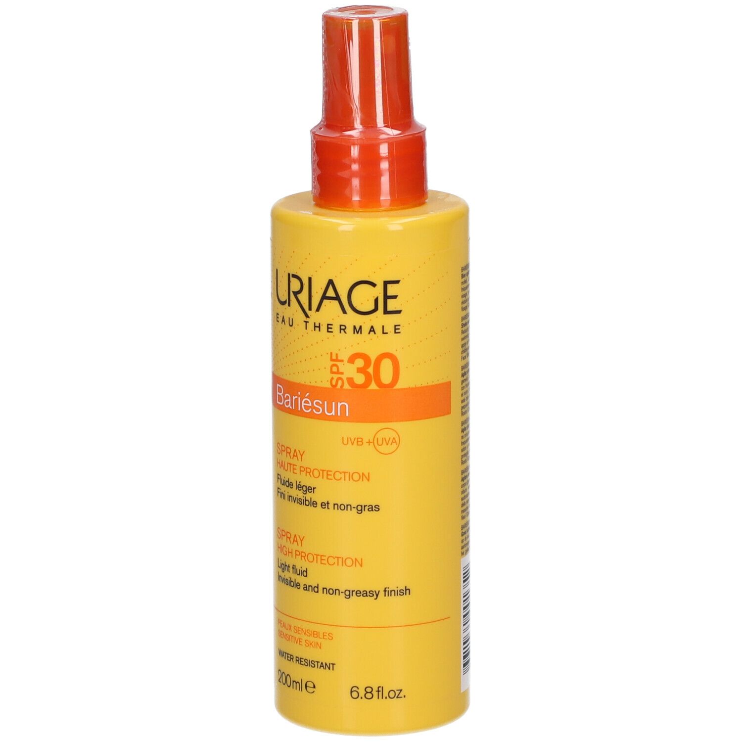 Flacone spray giallo con vaporizzatore arancione. Scritte: URIAGE, SPF 30, Bariésun. Spray, alta protezione, fluido leggero.