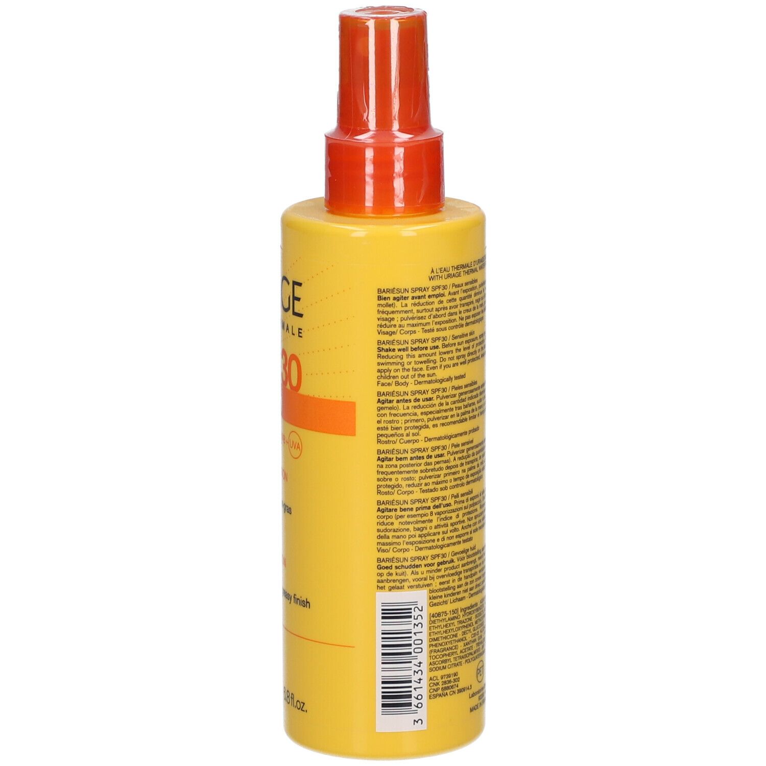 Flacone spray giallo con vaporizzatore arancione. Retro con testo. Scritte: URIAGE, SPF 30, Bariésun. Spray, alta protezione.