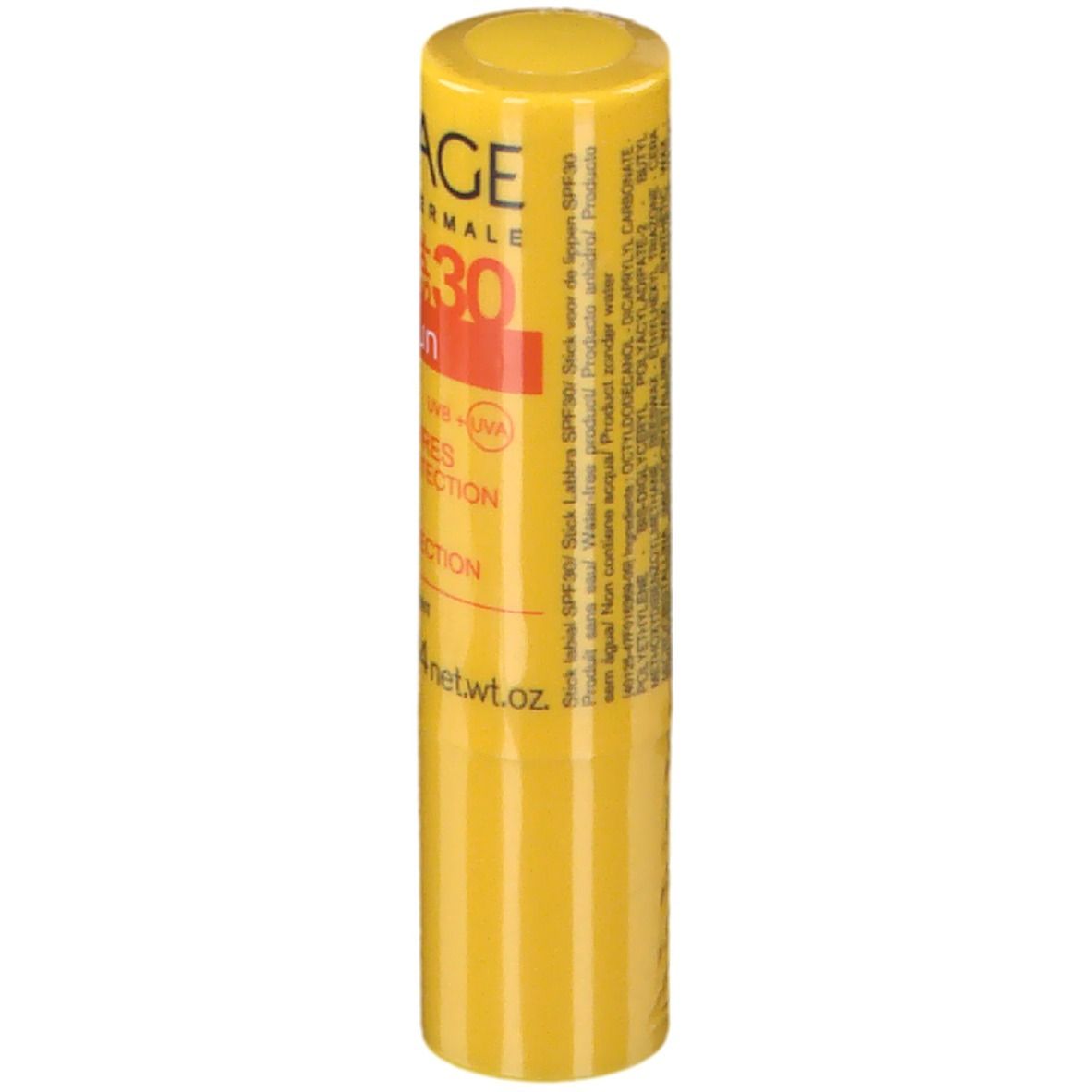 Stick labbra giallo con testo. URIAGE, SPF 30, Bariésun, Stick Lèvres, testo in francese.