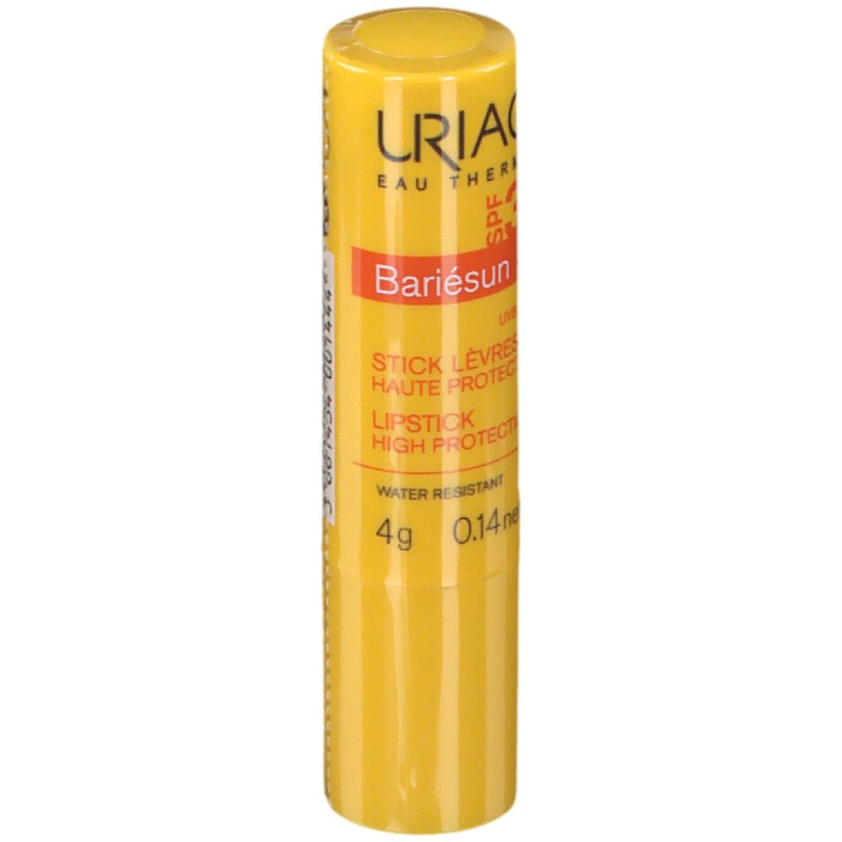 Stick labbra giallo con testo rosso e bianco. URIAGE, SPF 30, Bariésun, Stick Lèvres, 4g.