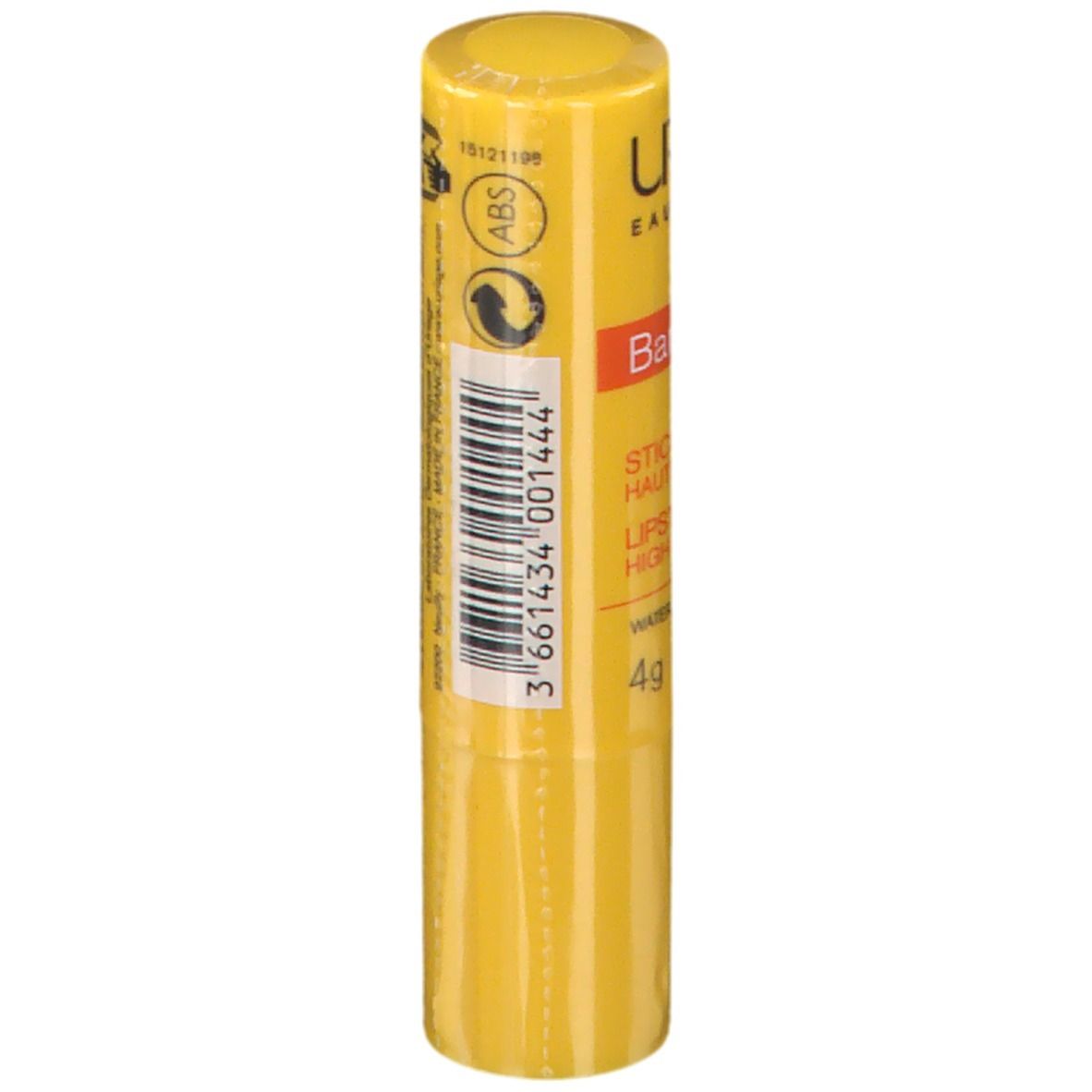 Stick labbra giallo con testo e codice a barre. URIAGE, Bariésun, testo in francese.