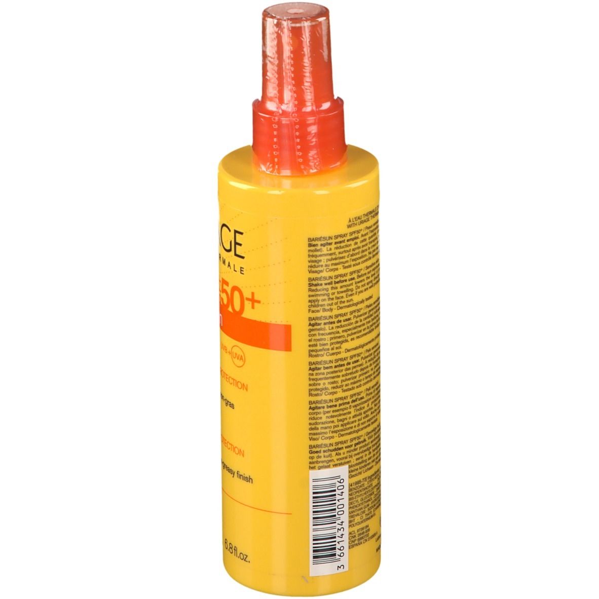 Flacone spray giallo con erogatore arancione. Retro con testo. Scritte: URIAGE, Bariésun SPF50+.