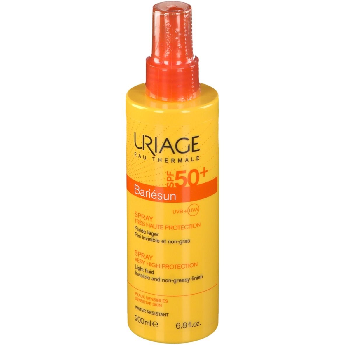 Flacone spray giallo con erogatore arancione. Scritte: URIAGE, Bariésun SPF50+. Testo in francese e inglese.