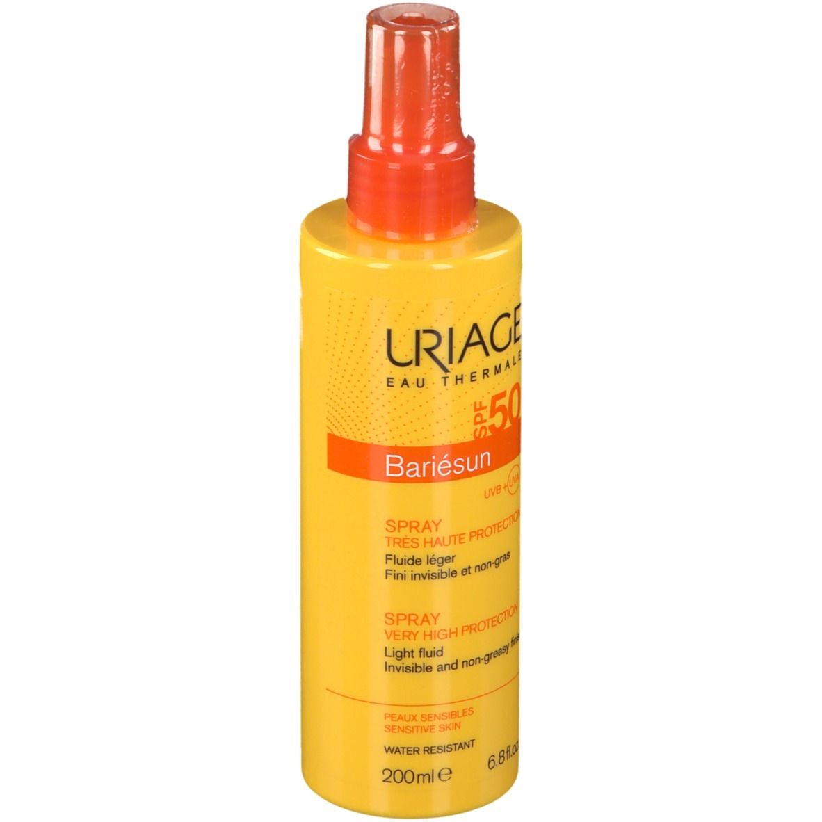 Flacone spray giallo con erogatore arancione. Scritte: URIAGE, Bariésun SPF50+. Testo in francese e inglese.