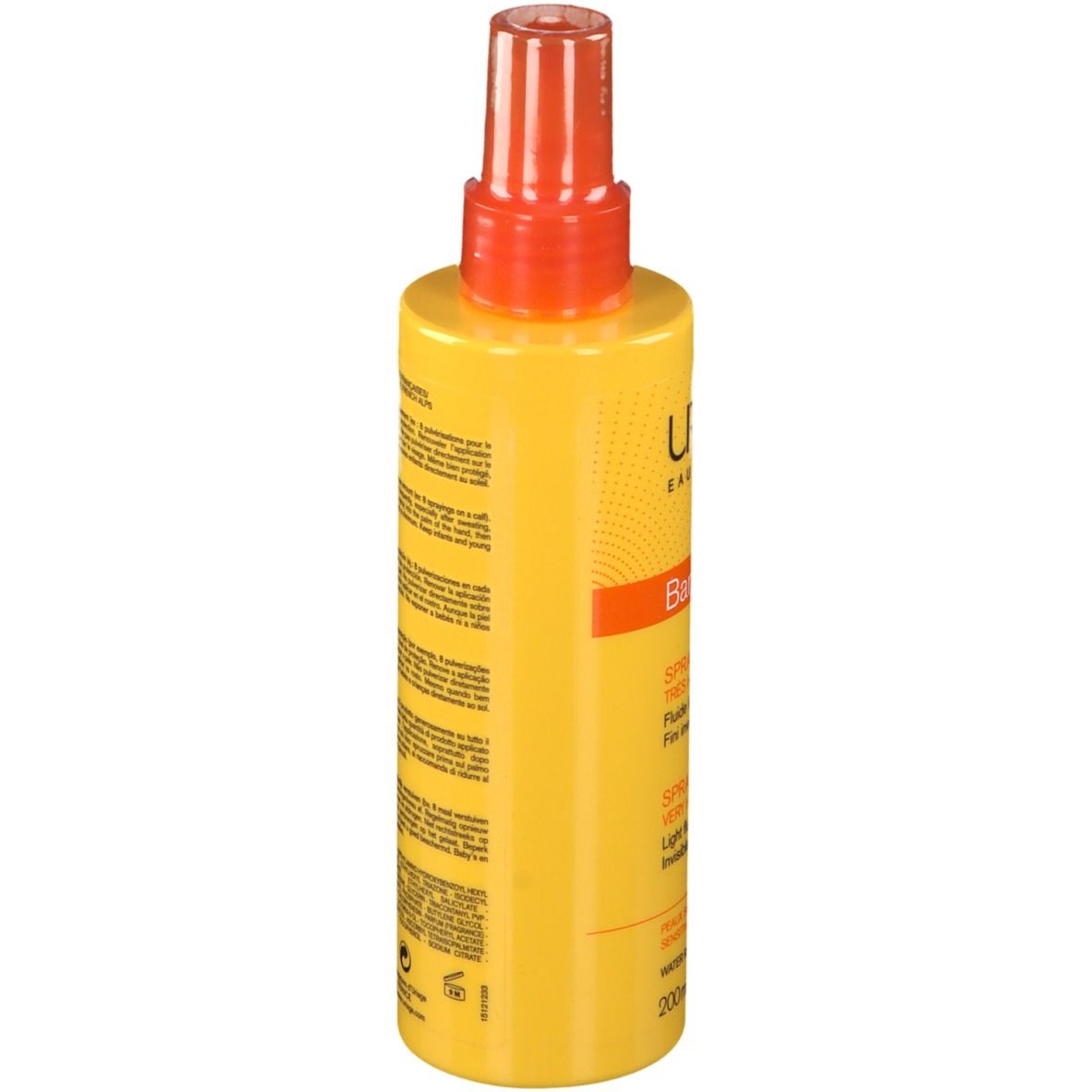 Flacone spray giallo con erogatore arancione. Retro con testo. Scritte: URIAGE, Bariésun SPF50+.