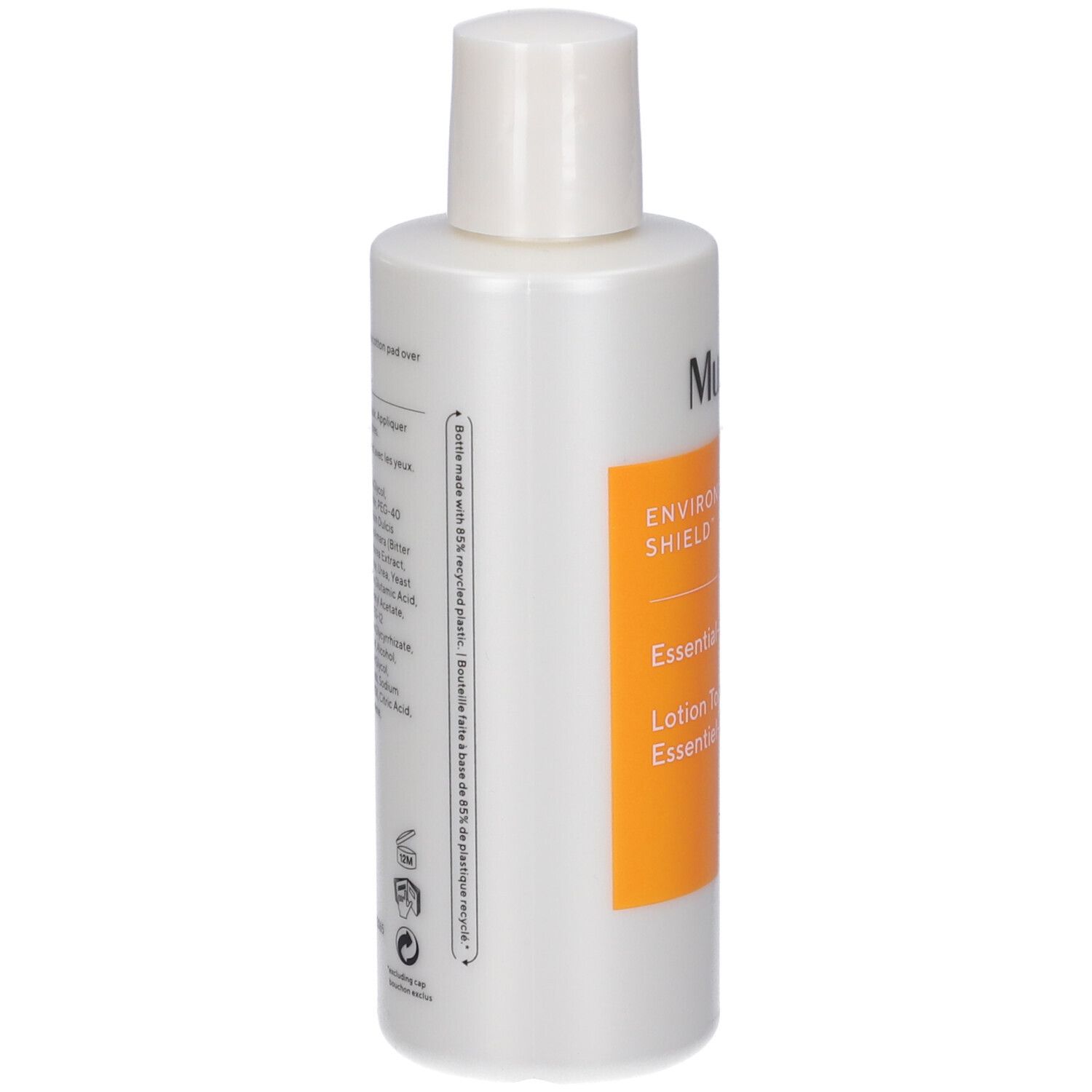 Vista posteriore di un flacone bianco con tappo bianco. Etichetta arancione con testo. Testo sul flacone.