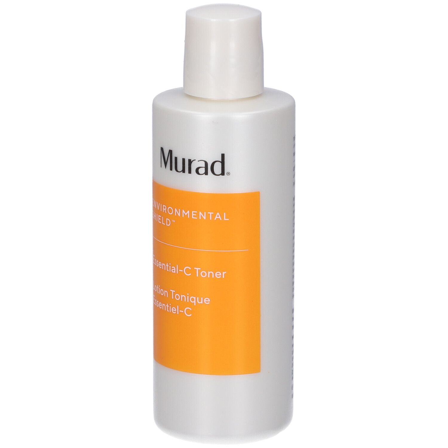 Flacone bianco con tappo bianco. Etichetta arancione con testo: Murad, Environmental Shield, Essential-C Toner.