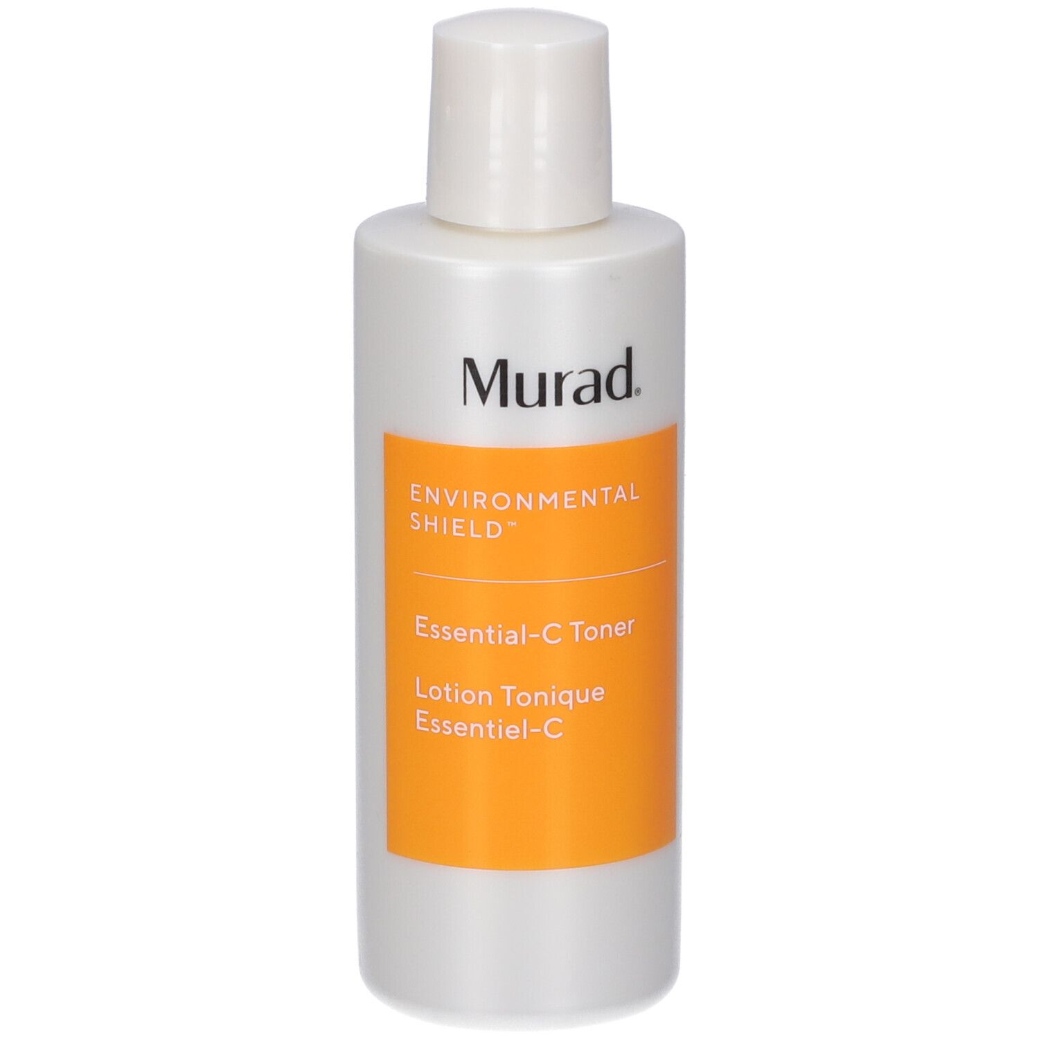 Flacone bianco con tappo bianco. Etichetta arancione con testo: Murad, Environmental Shield, Essential-C Toner.