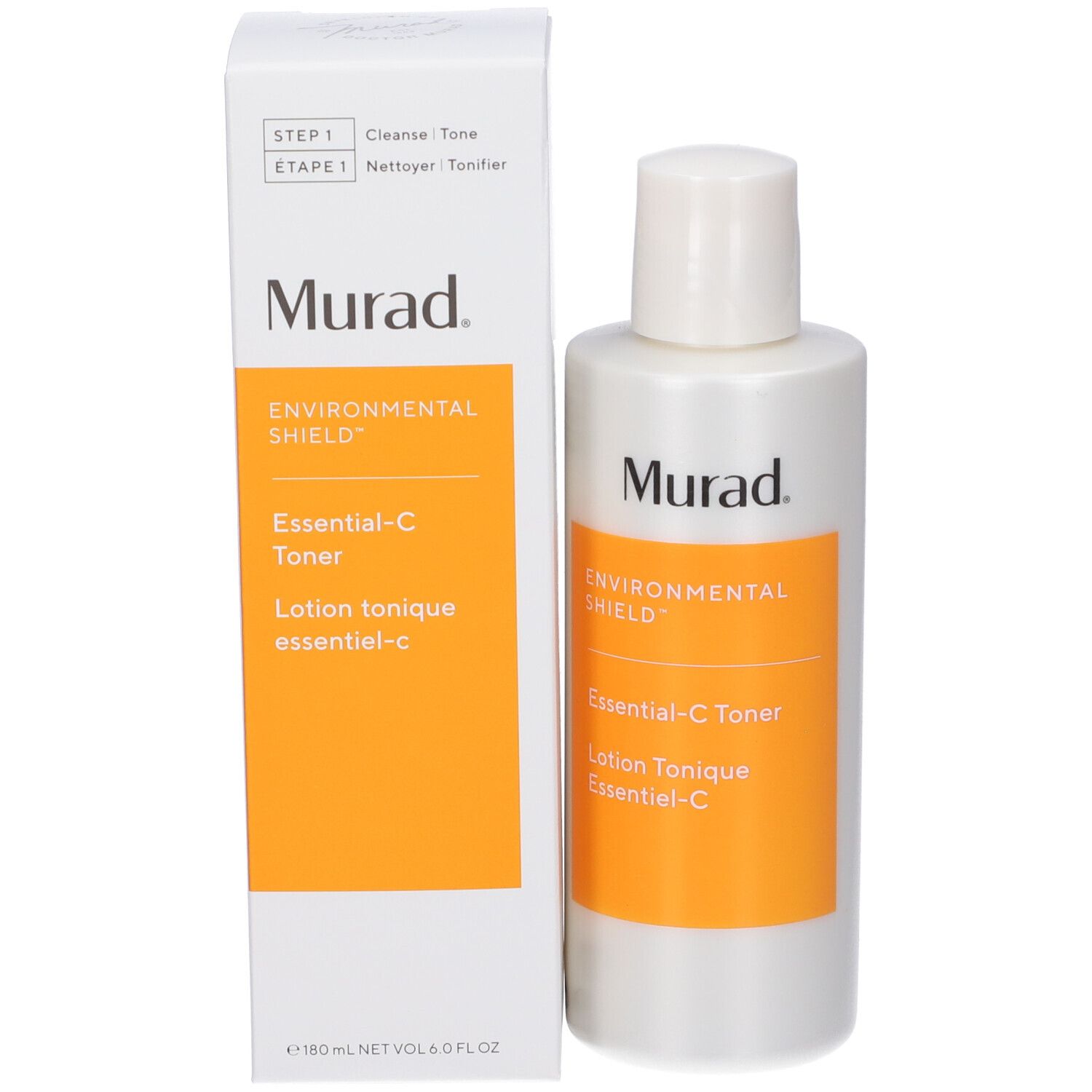 Flacone bianco e scatola. Sulla scatola: Murad, Environmental Shield, Essential-C Toner. 180 ml.