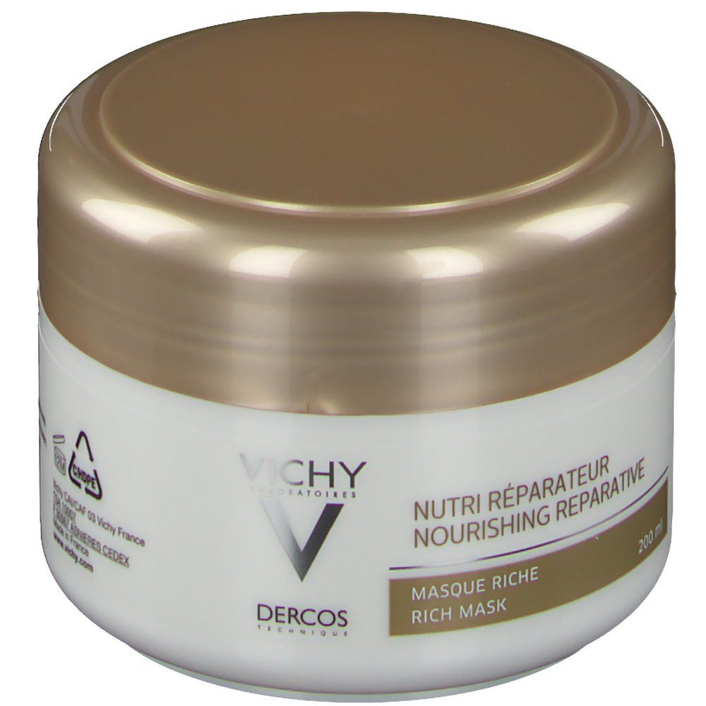 Vaso bianco con coperchio dorato. Scritta: Vichy, Dercos, Nutri Réparateur, Masque Riche, 200 ml.