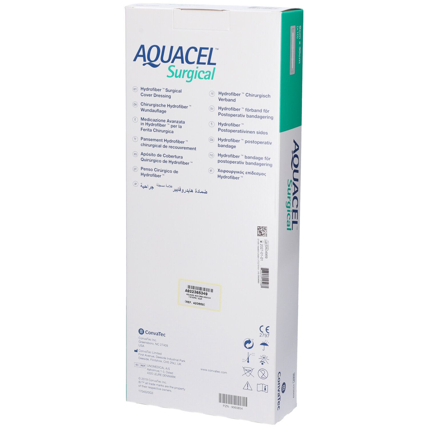 Retro della confezione Aquacel Surgical. Informazioni multilingue sul prodotto. Logo Convatec. Marchio CE.