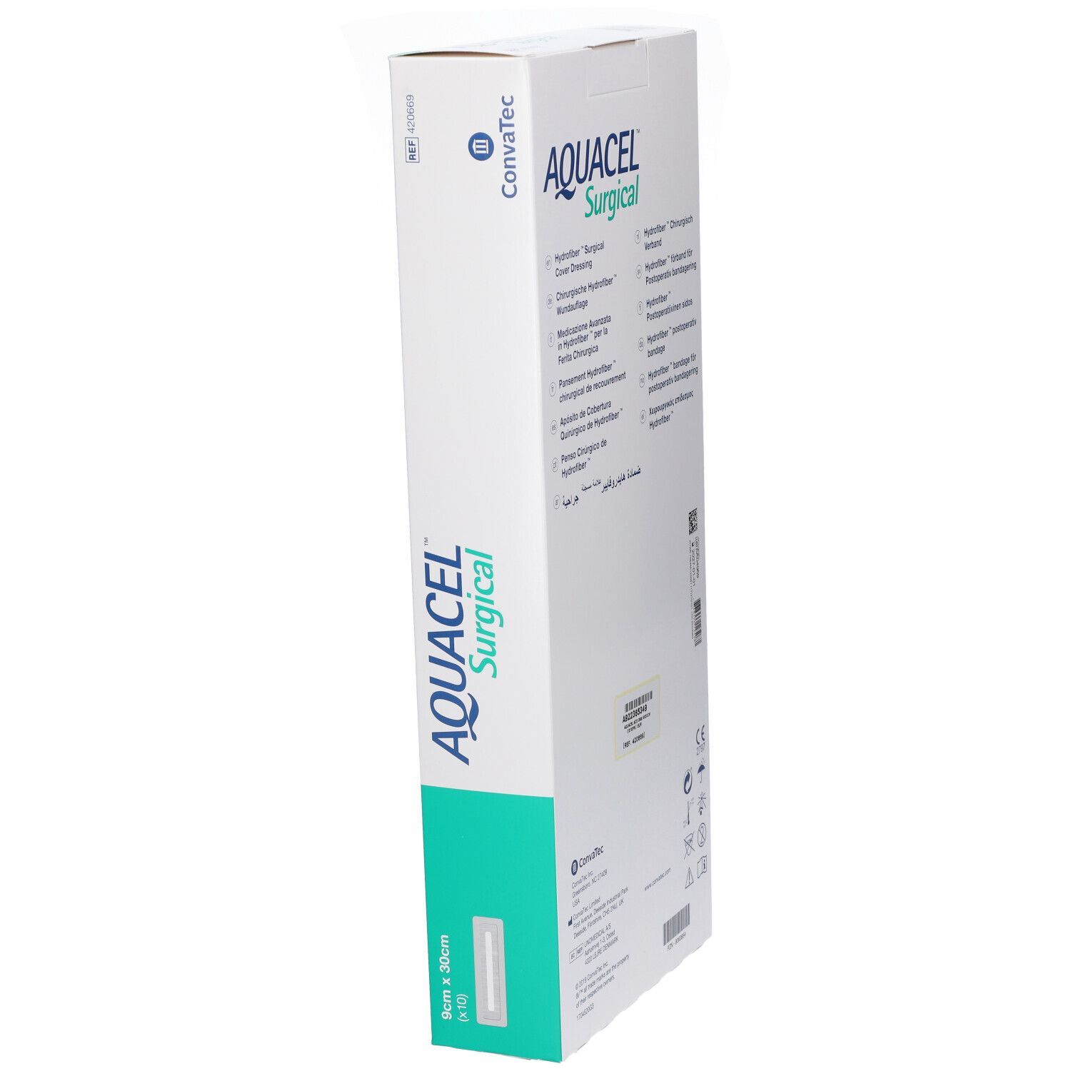 Confezione Aquacel Surgical. Scatola bianca con nome e dimensioni. Logo Convatec. Vista prospettica.