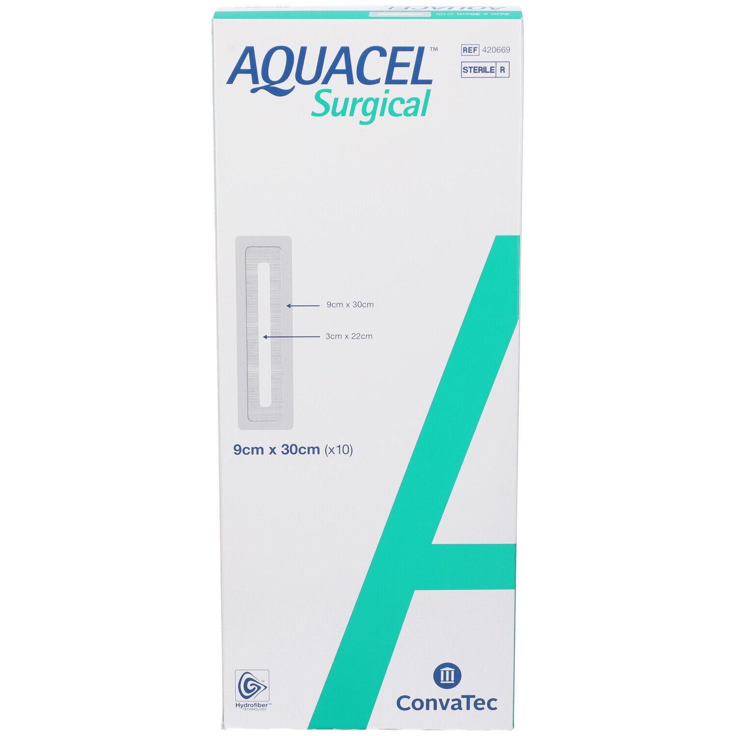 Confezione di Aquacel Surgical. Scatola bianca con nome del prodotto e dimensioni 9x30cm. Logo Convatec.