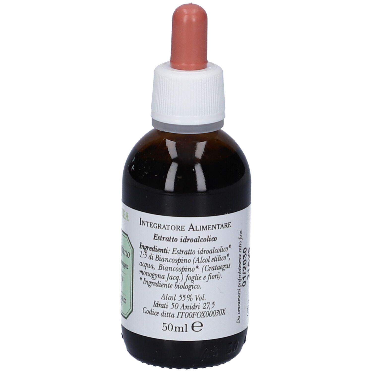Flacone di vetro marrone con contagocce. Etichetta con ingredienti e volume. Marchio ERBAMEA.