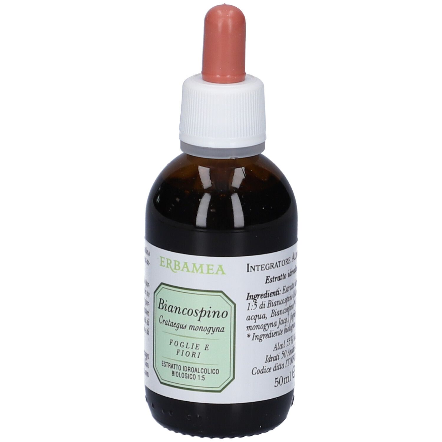 Flacone di vetro marrone con contagocce. Etichetta con nome del prodotto e ingredienti. Marchio ERBAMEA.