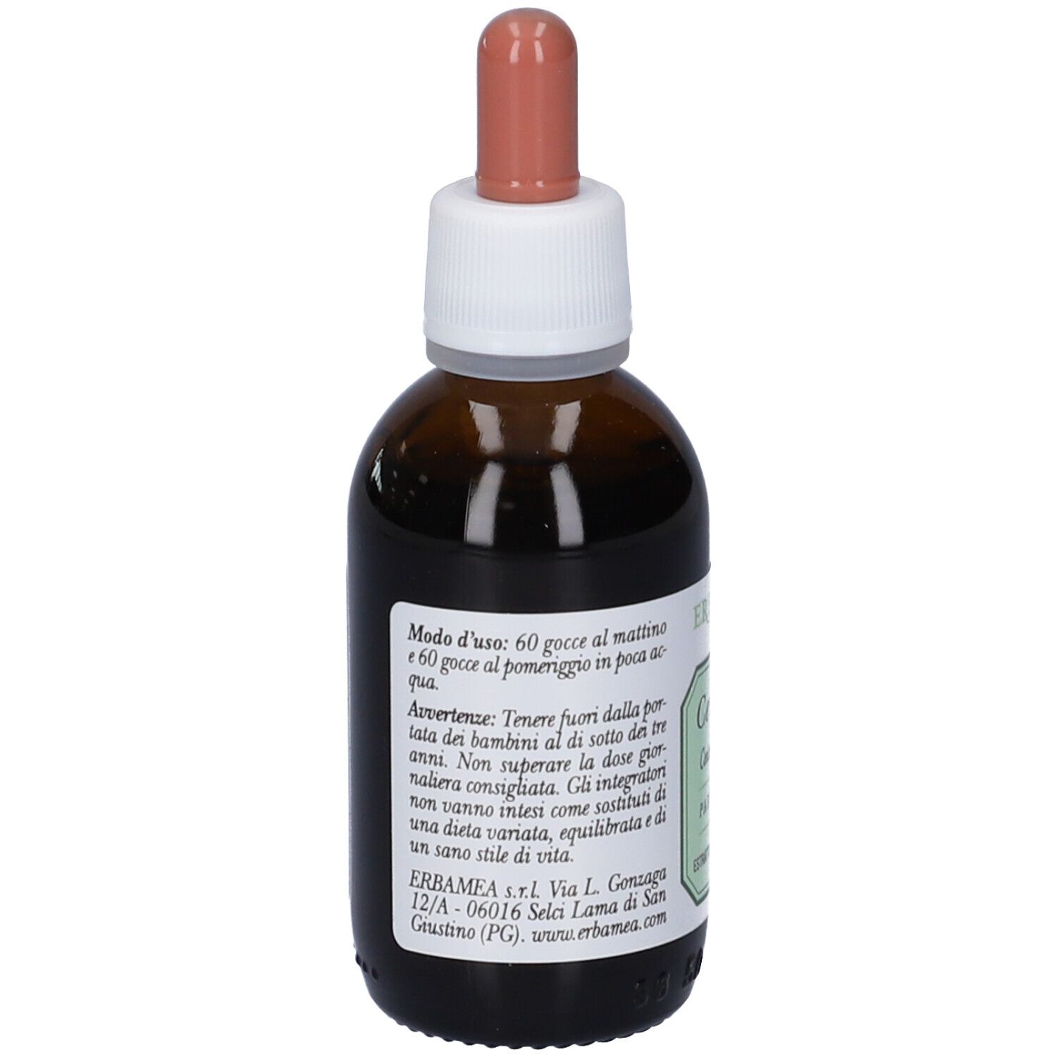 Flacone di vetro marrone con tappo bianco e contagocce marrone. Etichetta con testo. Liquido visibile.
