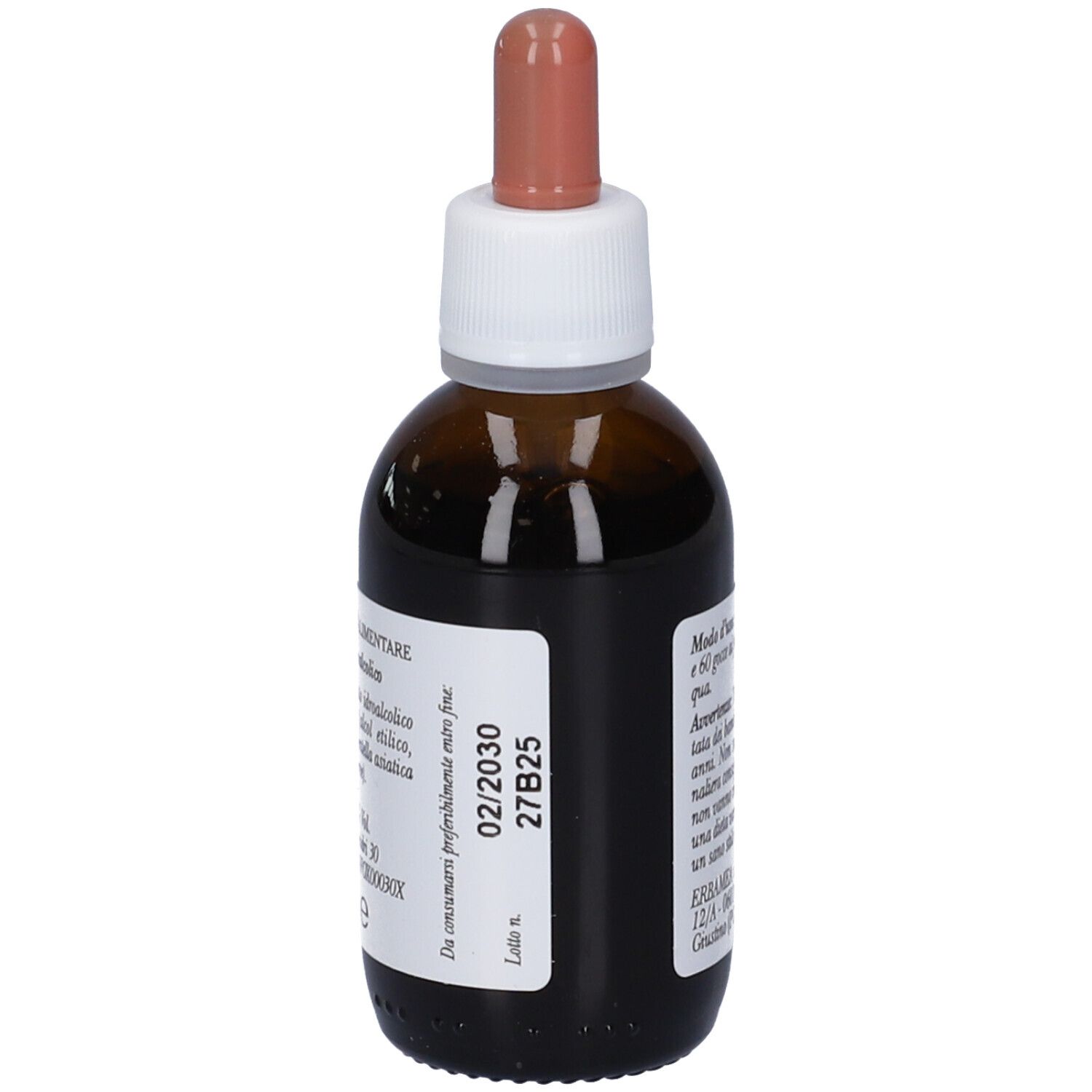 Flacone di vetro marrone con tappo bianco e contagocce marrone. Etichetta con testo e numero di lotto. Liquido visibile.