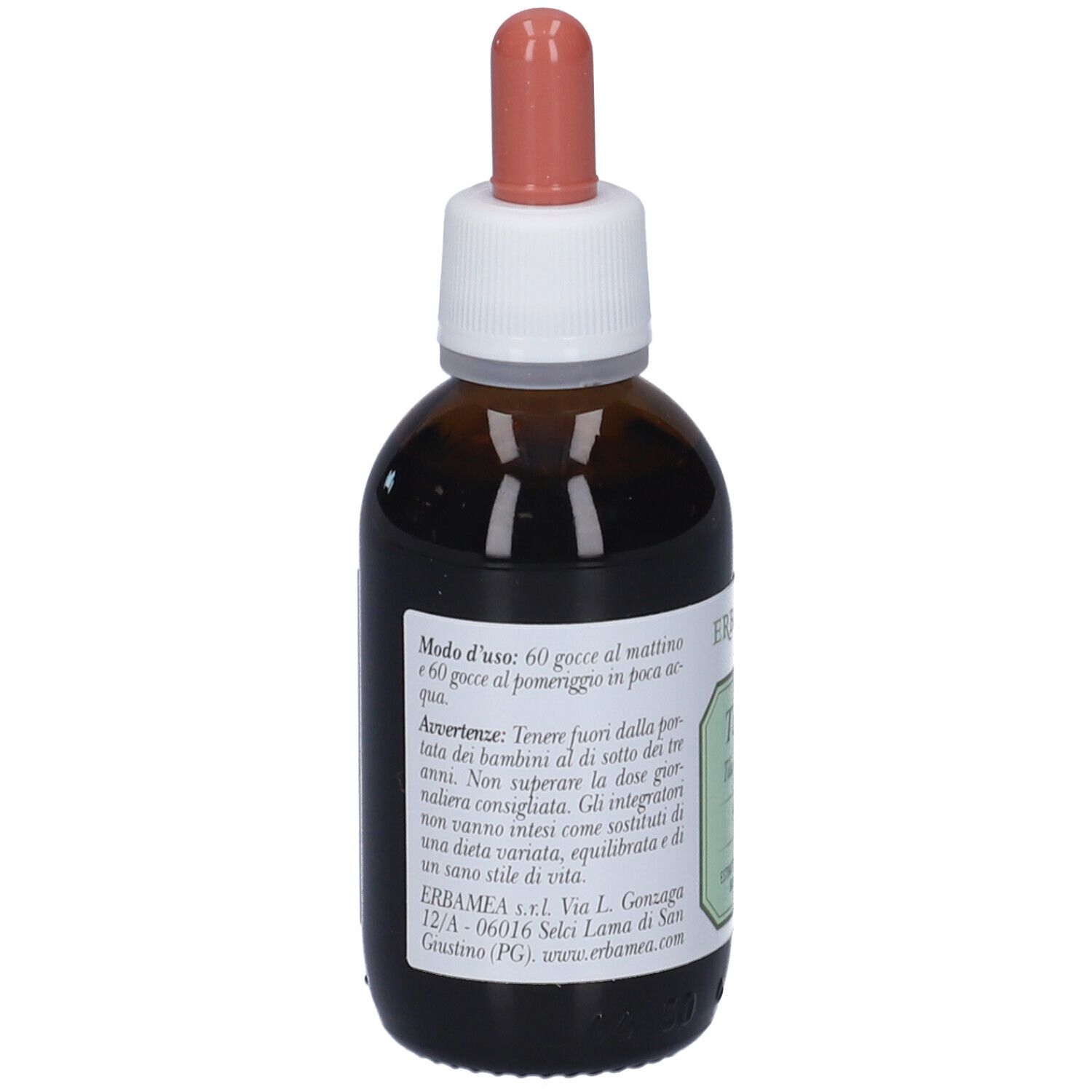 Flacone di vetro marrone con tappo bianco e pipetta rosa. Etichetta con testo in italiano. Vista posteriore.