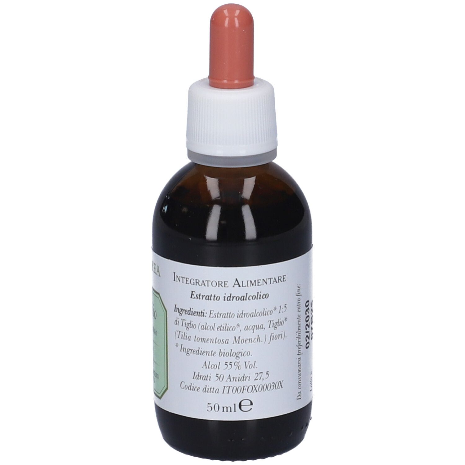 Flacone di vetro marrone con tappo bianco e pipetta rosa. Etichetta con ingredienti e informazioni sul prodotto.