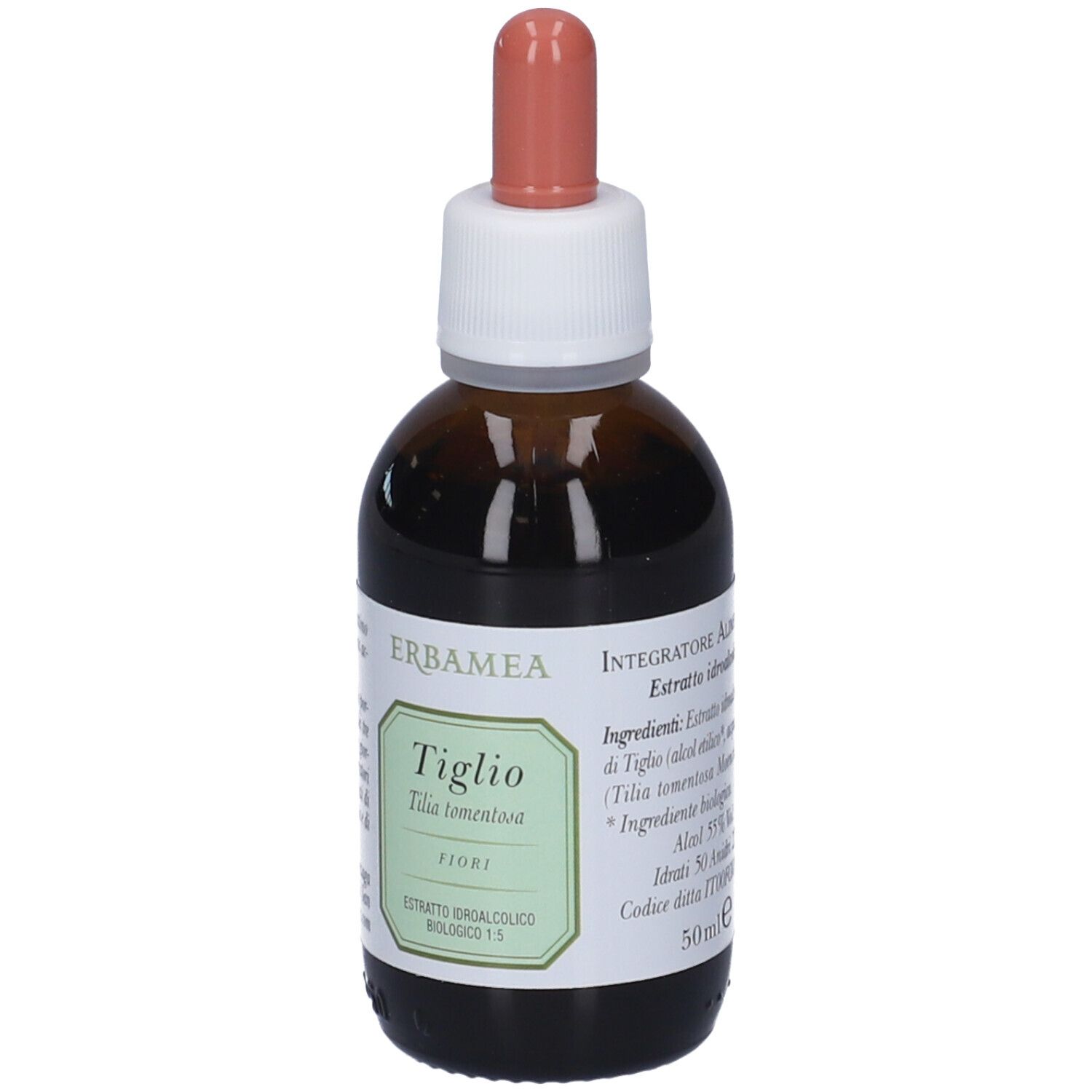 Flacone di vetro marrone con tappo bianco e pipetta rosa. Etichetta con nome del prodotto e bordo verde. Vista frontale.