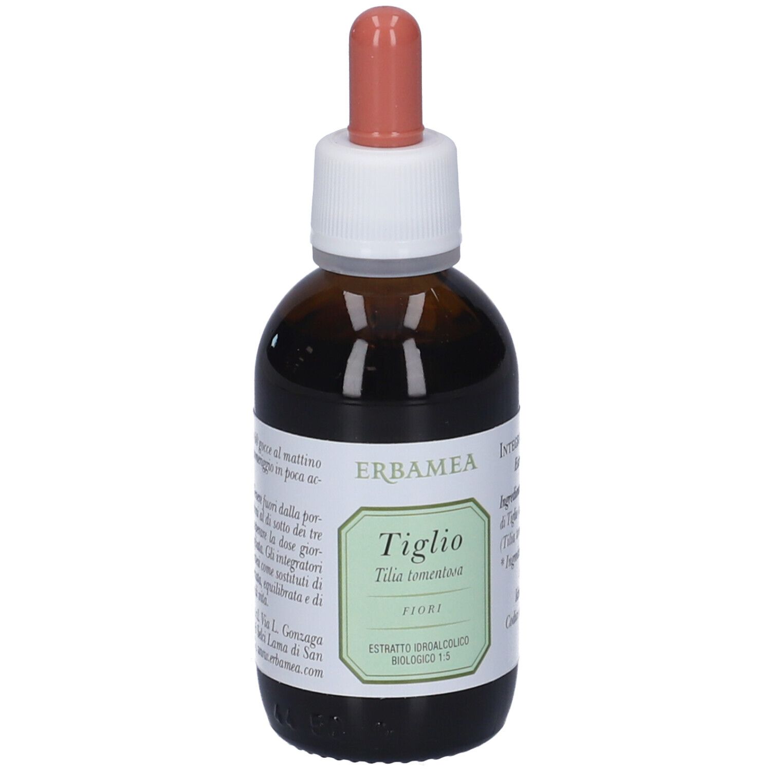 Flacone di vetro marrone con tappo bianco e pipetta rosa. Etichetta con nome del prodotto e bordo verde. Vista posteriore.