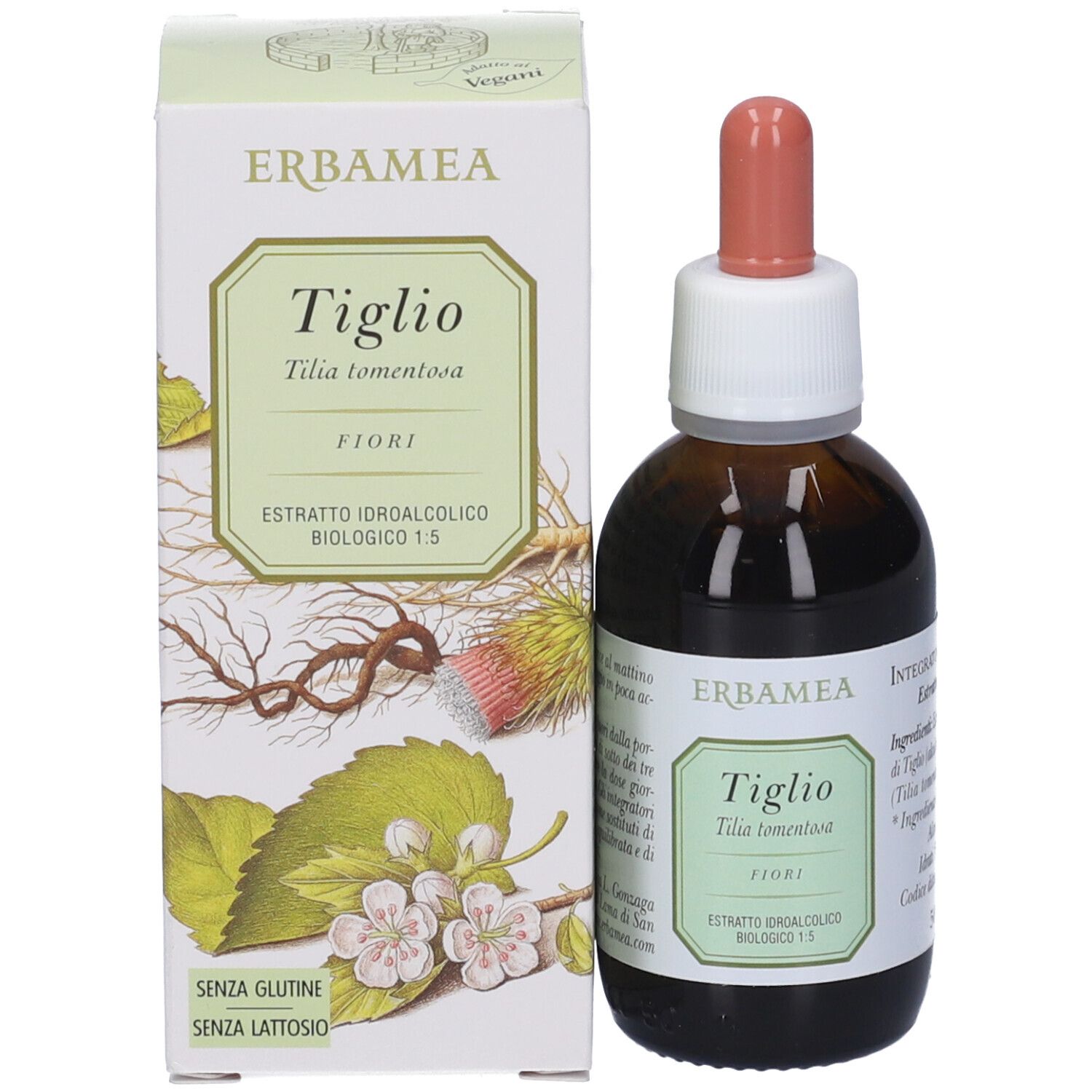 Confezione del prodotto e flacone. Scatola con nome del prodotto e illustrazioni. Flacone di vetro marrone con pipetta.