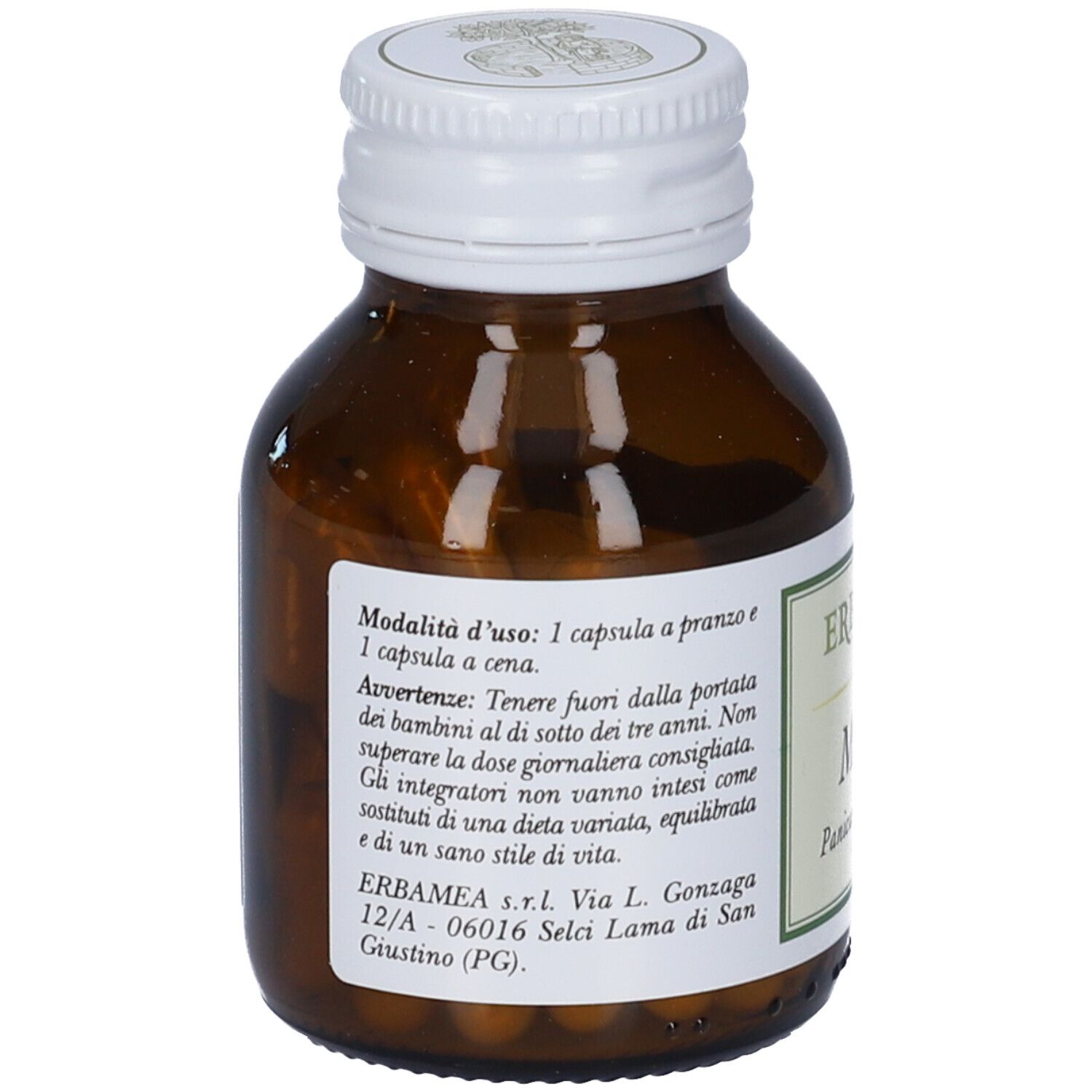 Flacone marrone con tappo bianco. Etichetta Erbamea, Miglio, Panicum miliaceum. Testo sull'uso.