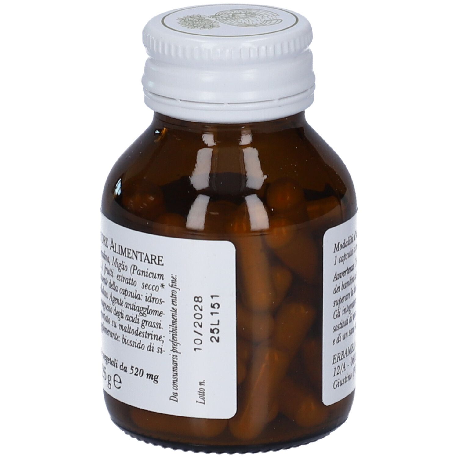 Flacone marrone con tappo bianco. Capsule visibili. Etichetta Erbamea, Miglio, Panicum miliaceum. Scadenza.