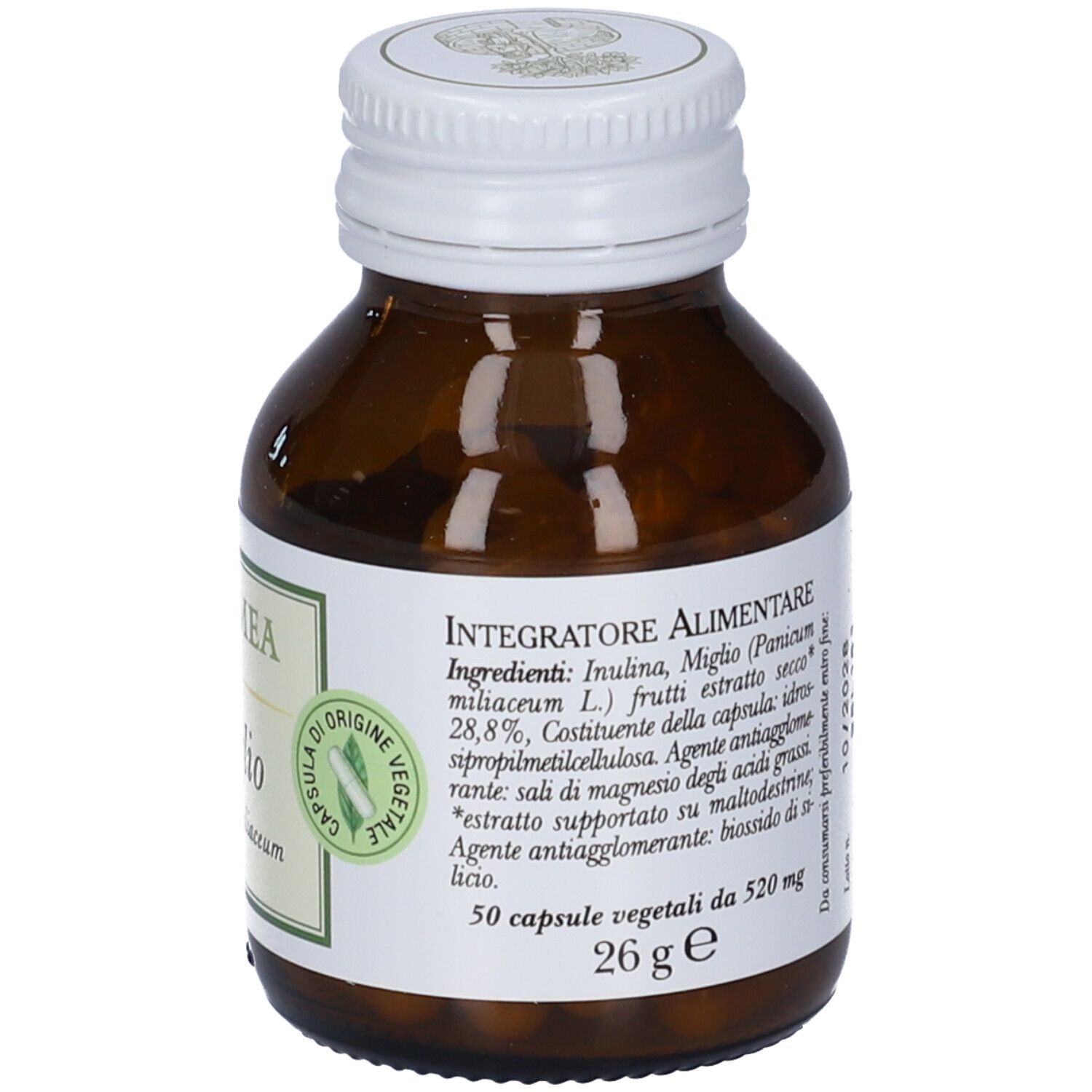 Flacone marrone con tappo bianco. Etichetta Erbamea, Miglio, Panicum miliaceum. Lista ingredienti e quantità.