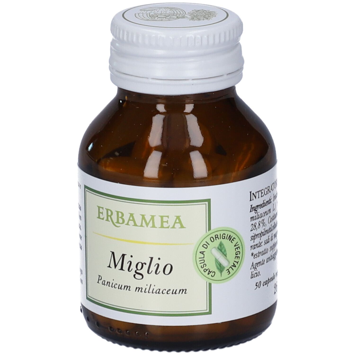 Flacone marrone con tappo bianco. Etichetta Erbamea, Miglio, Panicum miliaceum. Simbolo capsula.