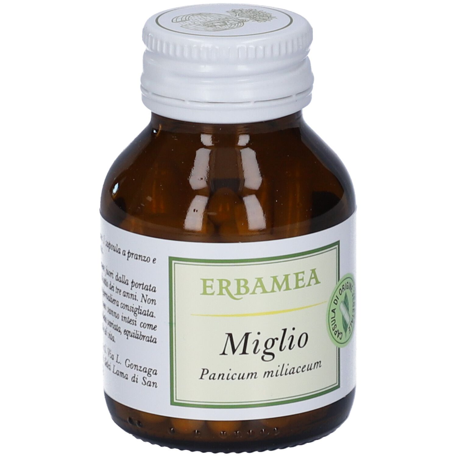 Flacone marrone con tappo bianco. Etichetta Erbamea, Miglio, Panicum miliaceum. Testo sull'uso.