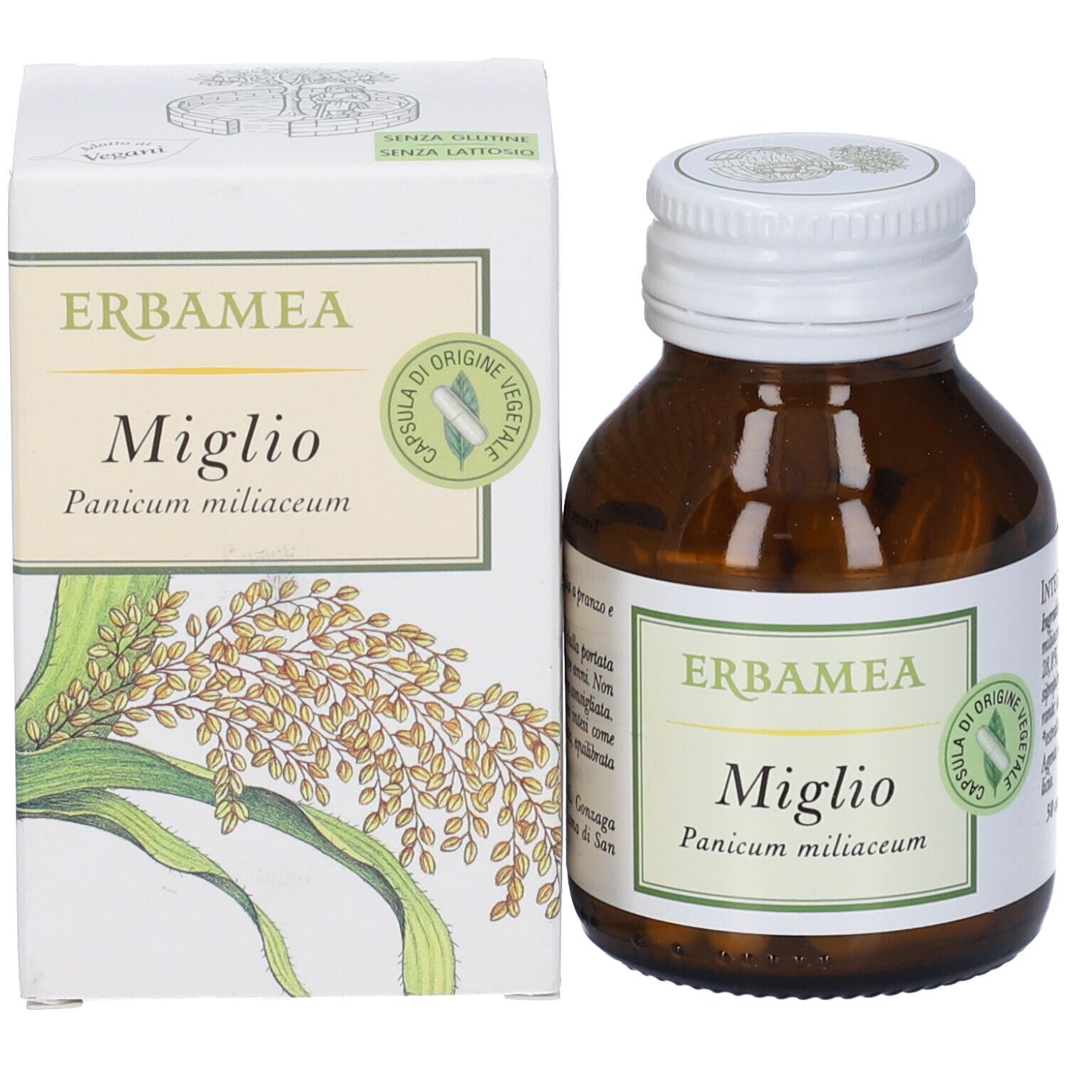 Prodotto e confezione. Flacone marrone con tappo bianco e scatola. Erbamea, Miglio, Panicum miliaceum.
