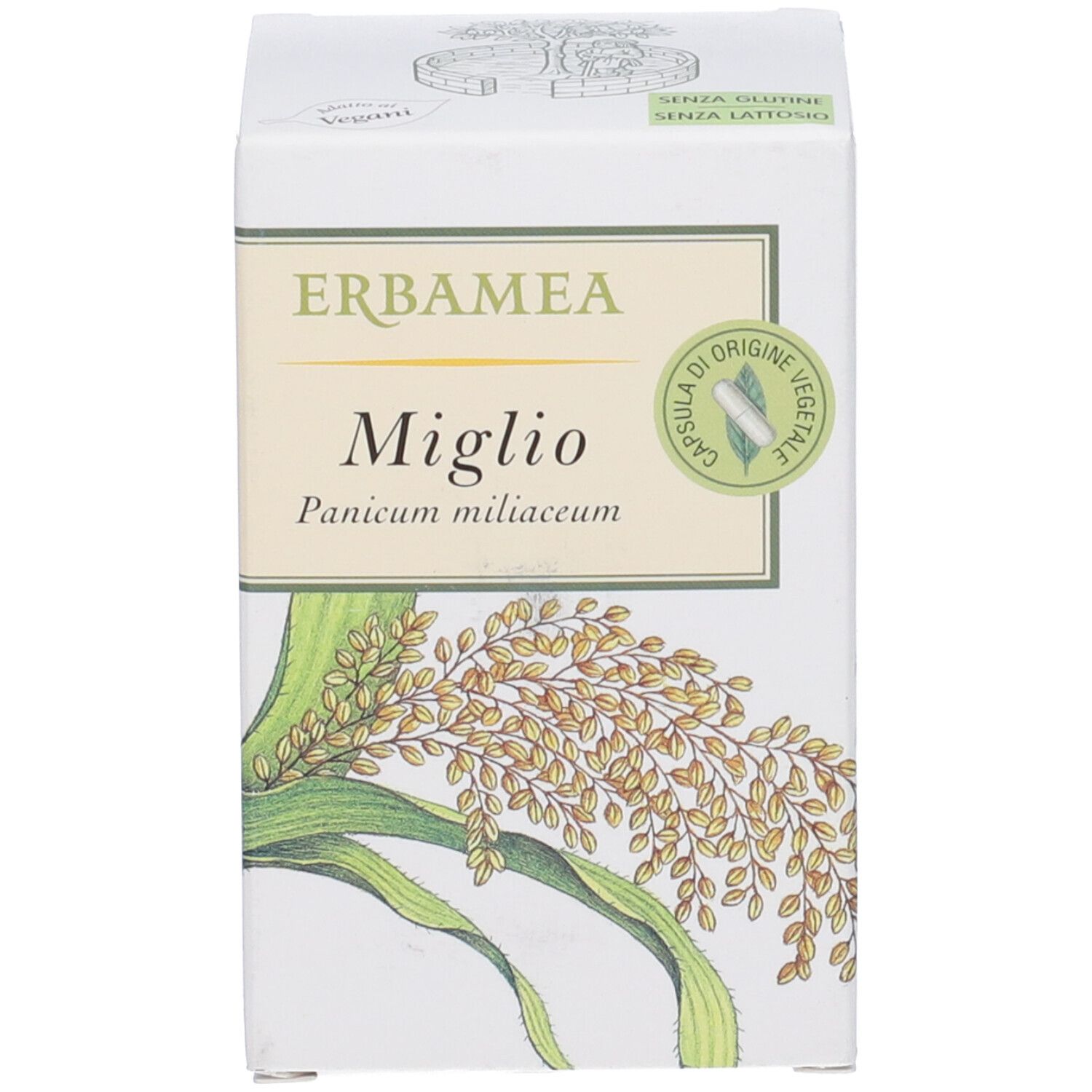 Confezione in cartone. Erbamea, Miglio, Panicum miliaceum. Senza glutine, senza lattosio. Simbolo vegetale.